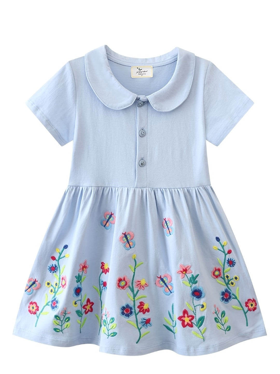 Blue Shirt Collar Embroidered Floral Short Sleeves A-Line Flared Cotton Dress