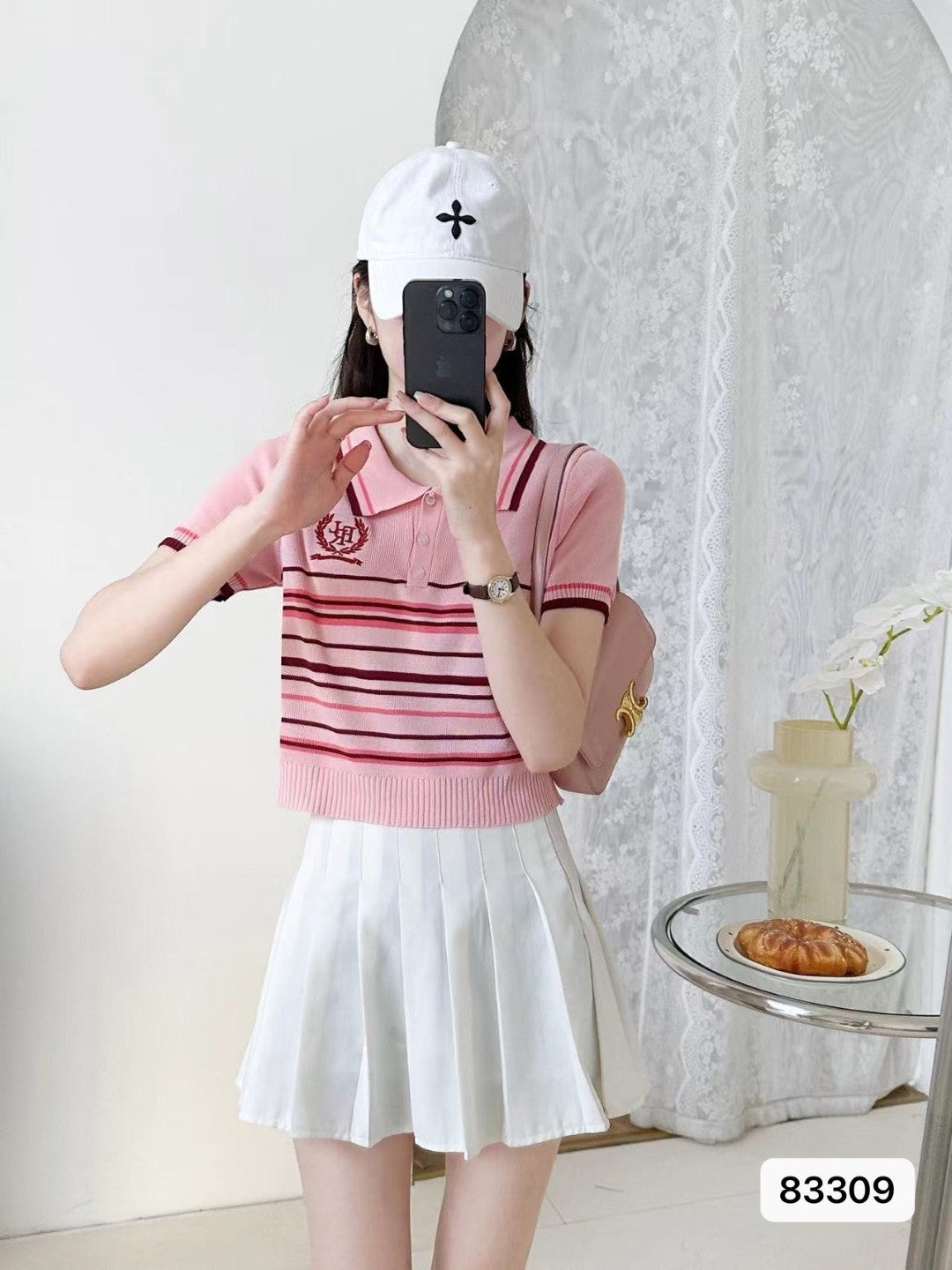 Pink Shirt Collar Short Sleeves Horizontal Stripes Regular Sleeves Viscose Rayon Top