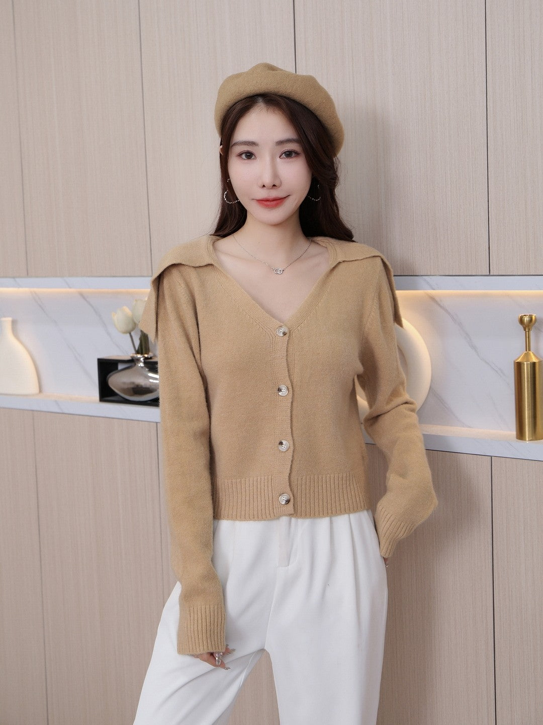 Brown V-Neck Long Sleeves Solid Regular Sleeves Acrylic Top