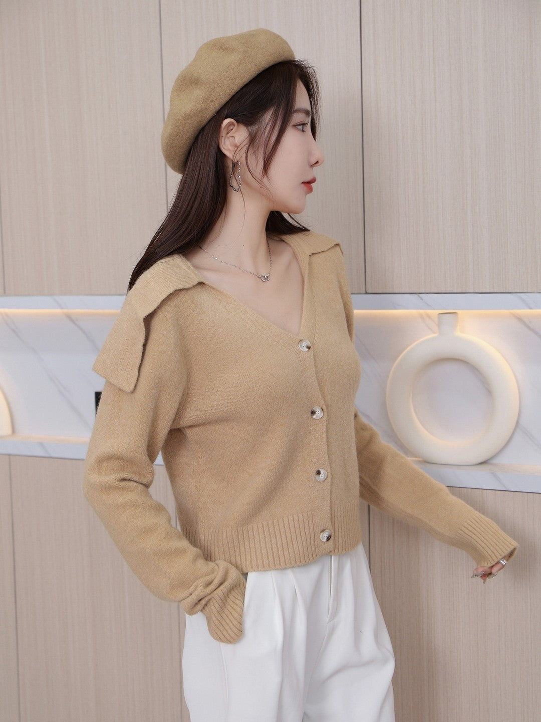 Brown V-Neck Long Sleeves Solid Regular Sleeves Acrylic Top