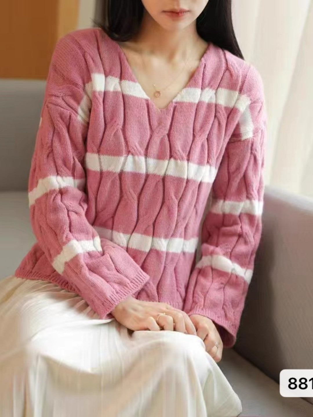 Pink V-Neck Long Sleeves Horizontal Stripes Regular Sleeves Acrylic Top
