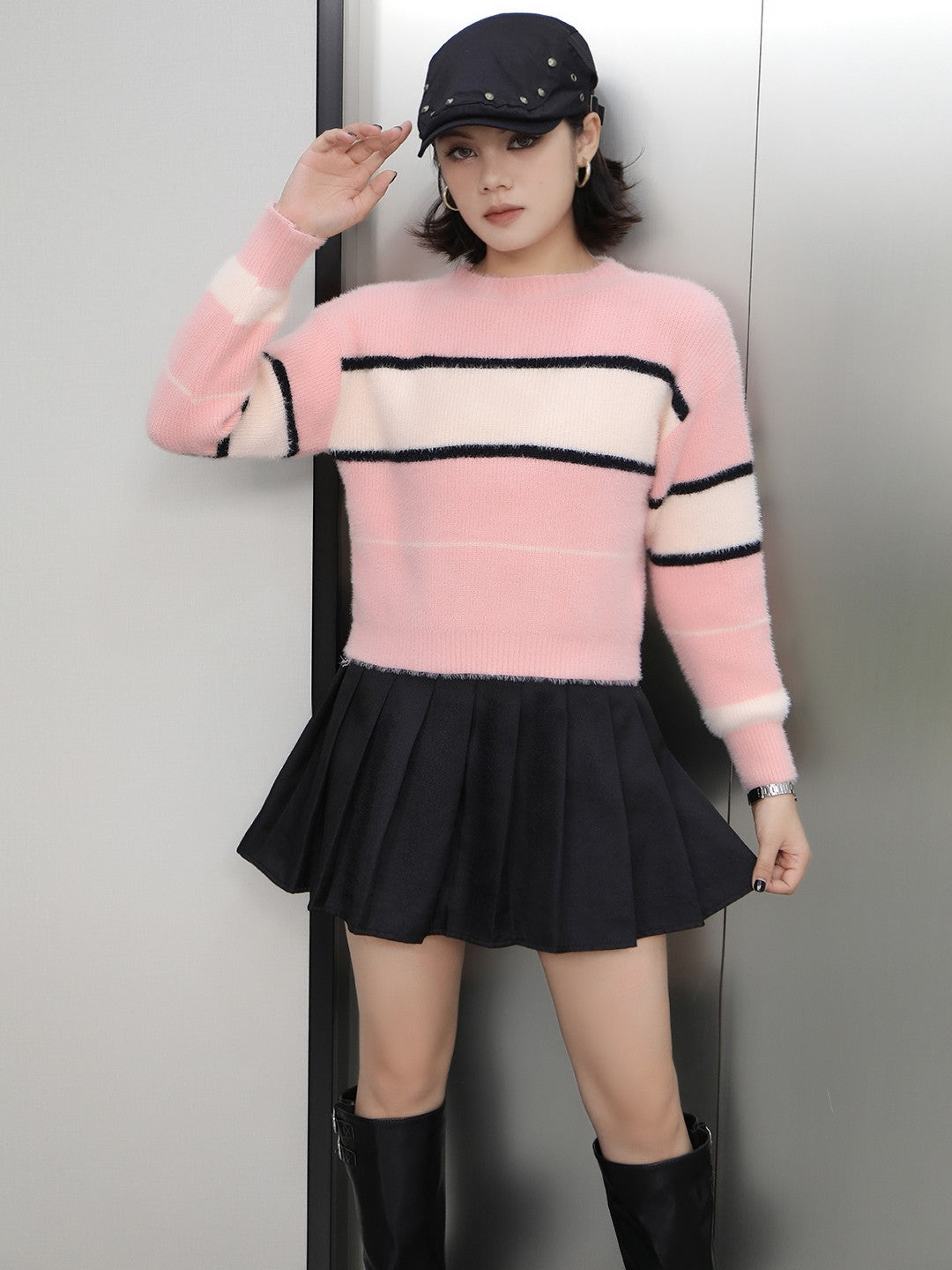 Pink Round Neck Long Sleeves Horizontal Stripes Regular Sleeves Nylon Top