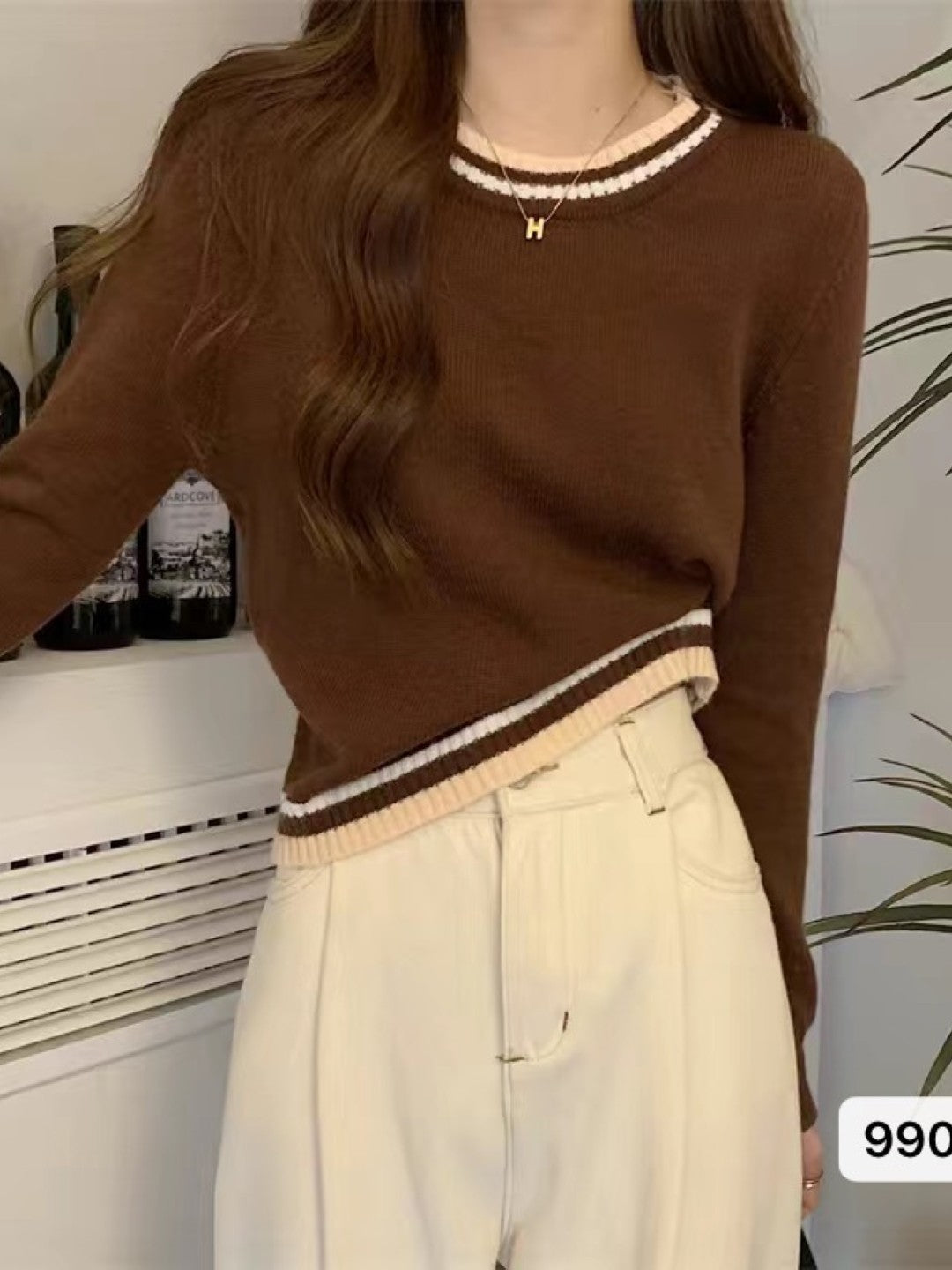 Dark Brown Round Neck Long Sleeves Solid Regular Sleeves Acrylic Top