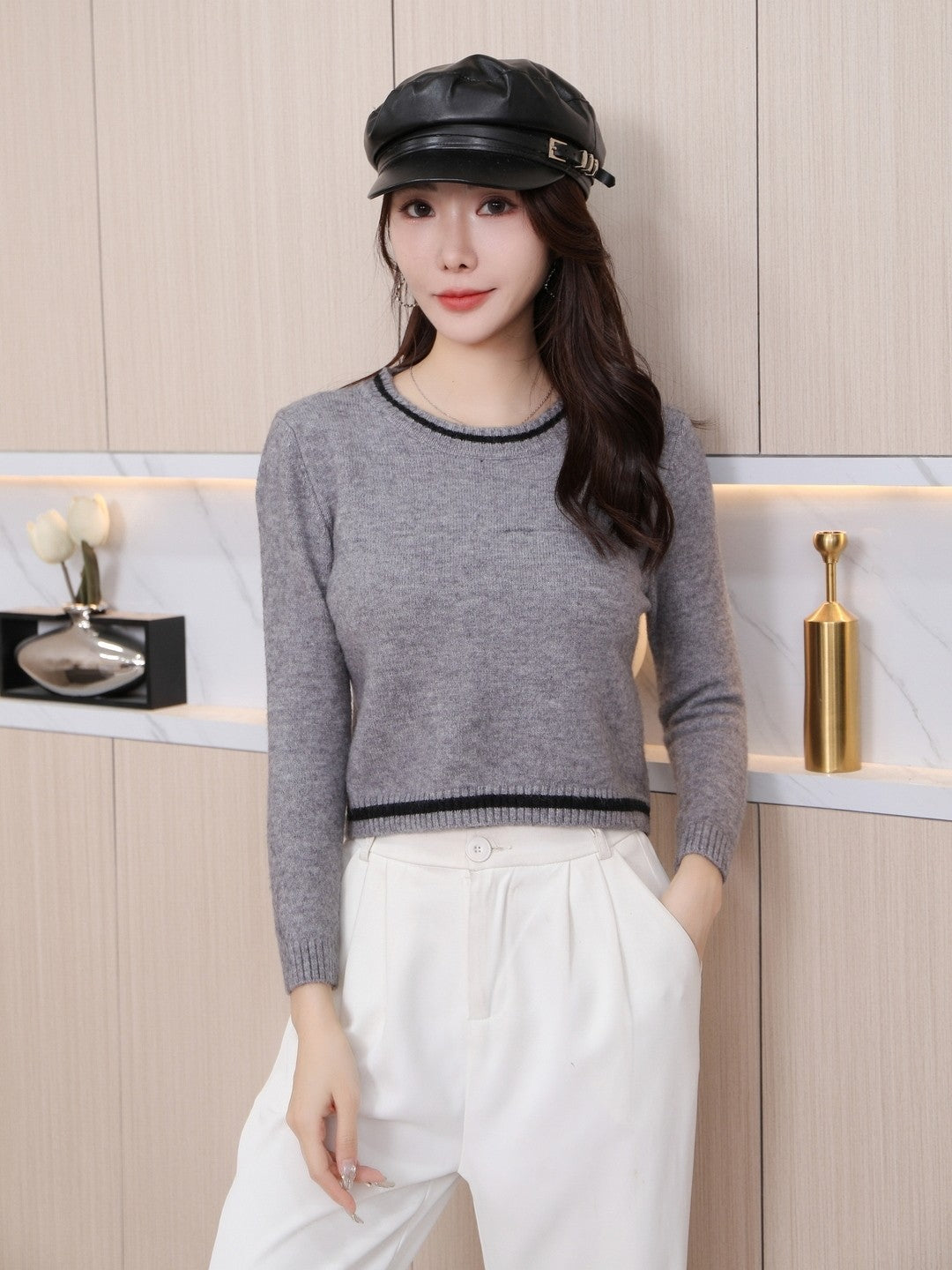 Grey Round Neck Long Sleeves Solid Regular Sleeves Acrylic Top