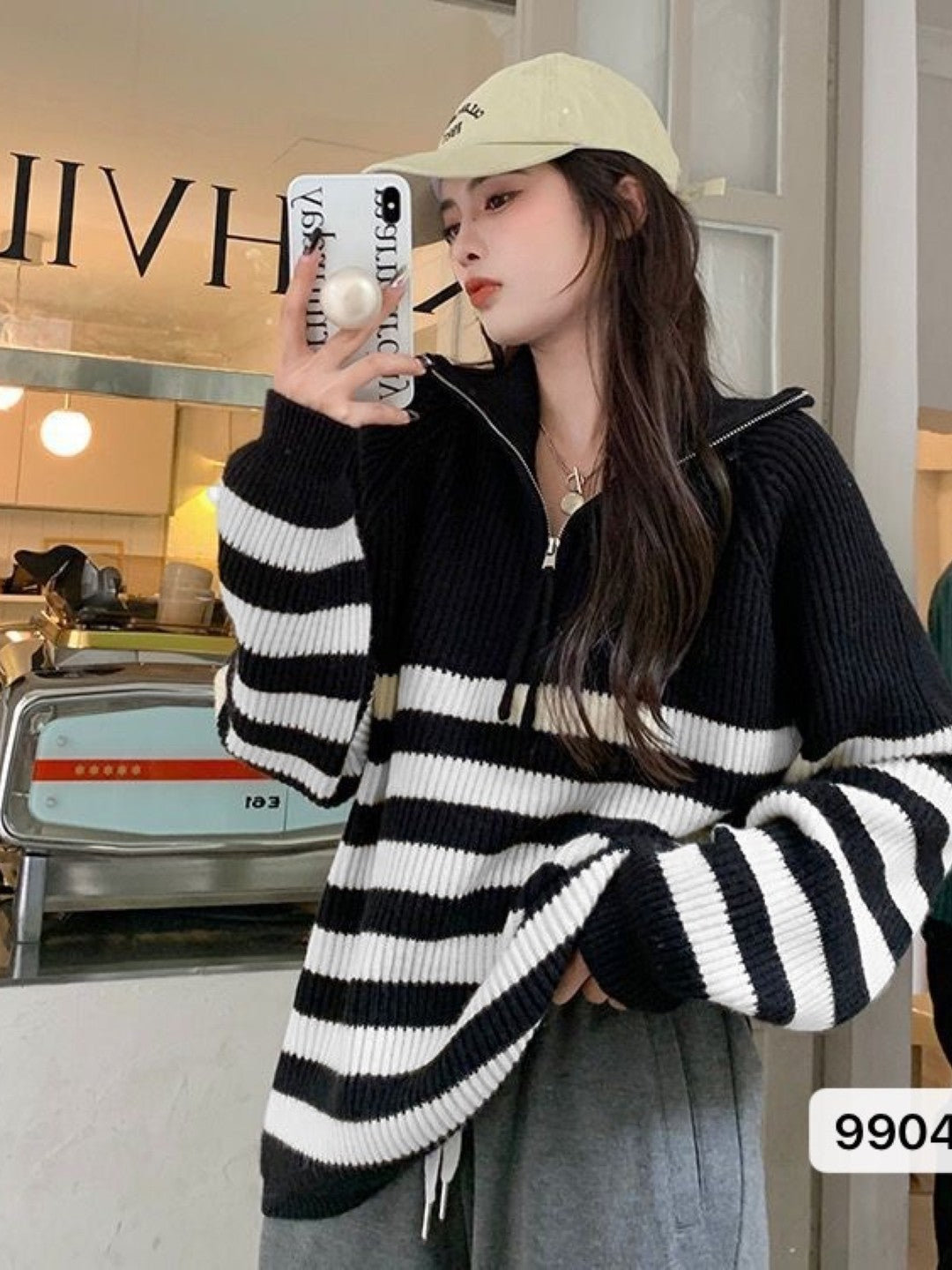 Black Shirt Collar Long Sleeves Horizontal Stripes Regular Sleeves Acrylic Top