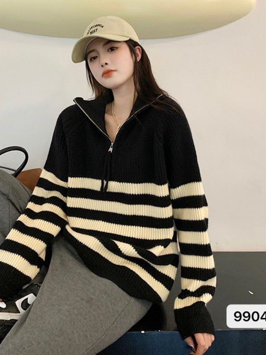 Cream Shirt Collar Long Sleeves Horizontal Stripes Regular Sleeves Acrylic Top