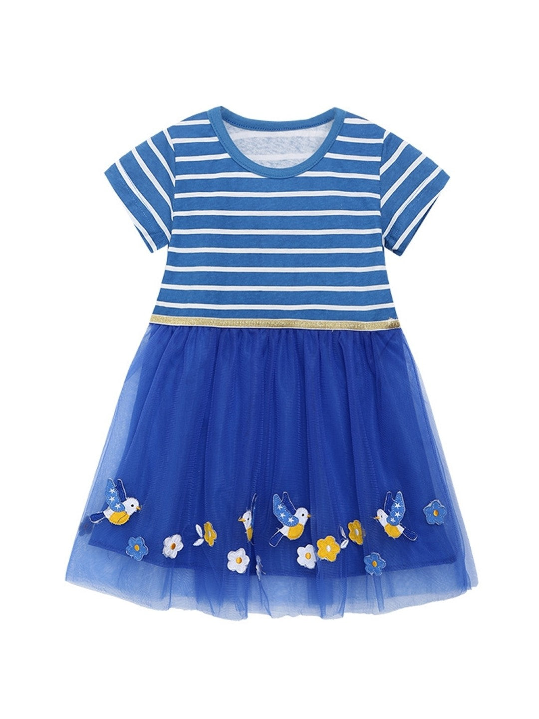 Blue Round Neck Striped Short Sleeves A-Line Flared Cotton Dress