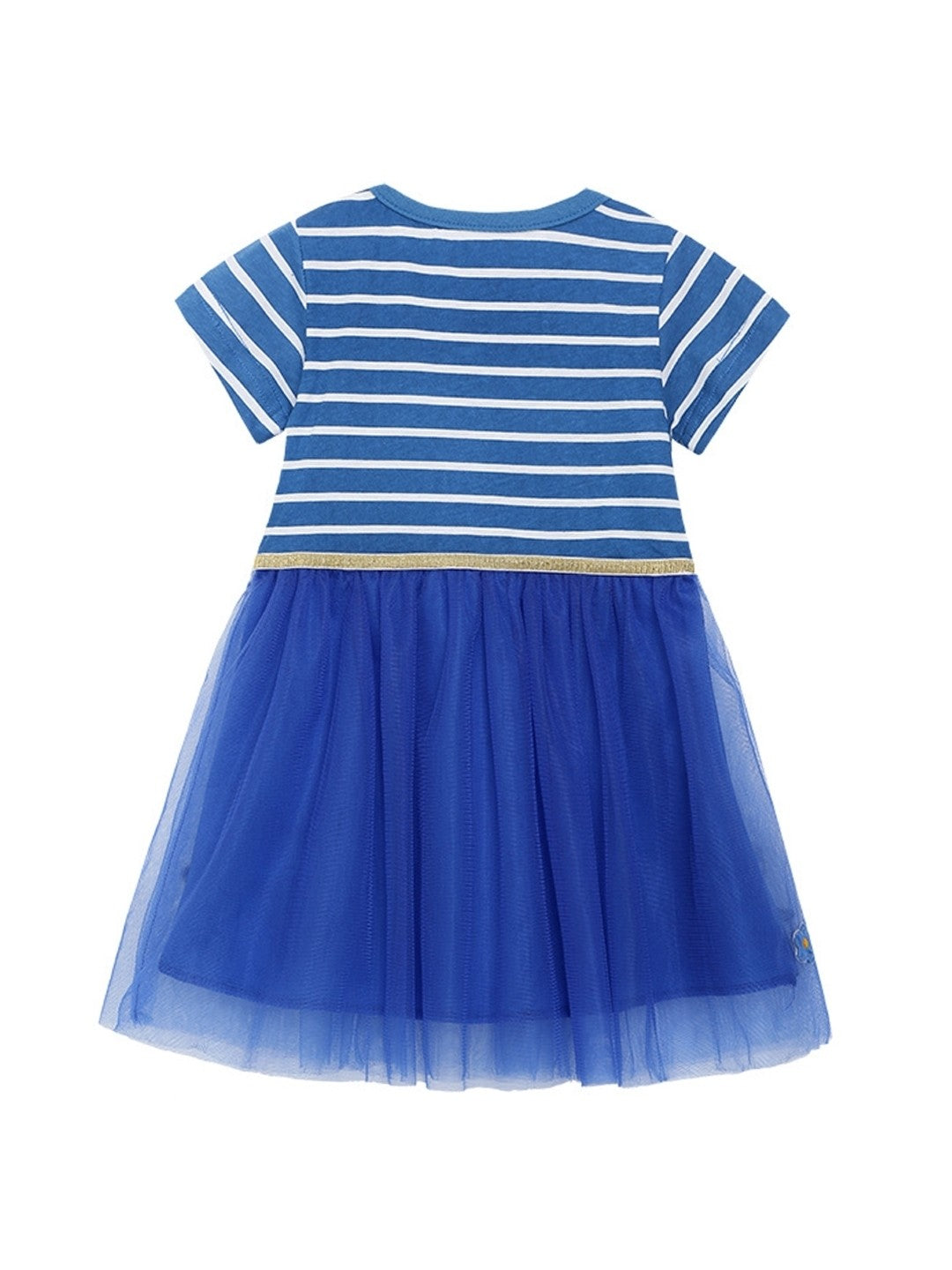 Blue Round Neck Striped Short Sleeves A-Line Flared Cotton Dress