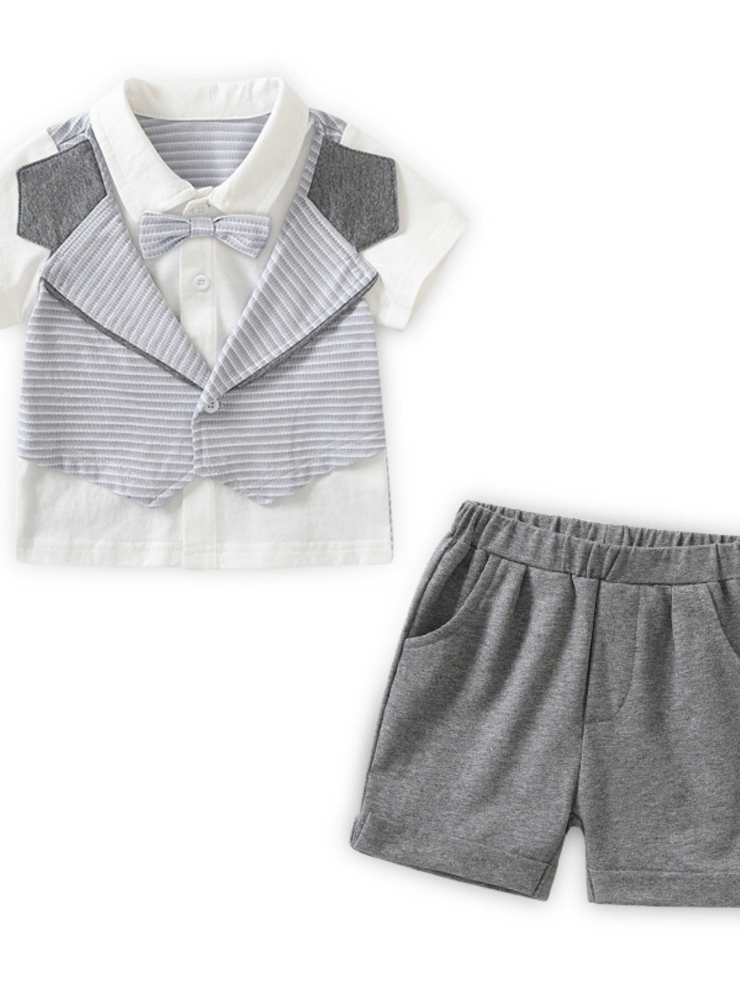 Grey Shirt Collar Short Sleeves Cotton Blend Top & Shorts Set