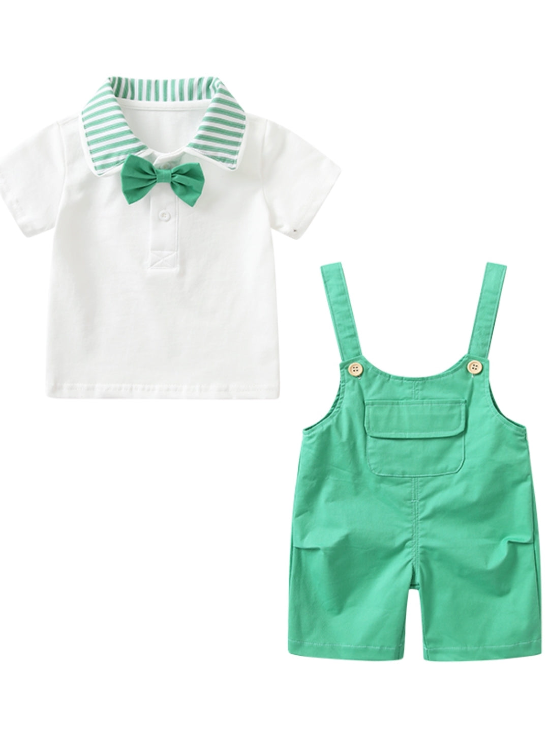 Green Shirt Collar Short Sleeves Cotton Blend Top & Trousers Set