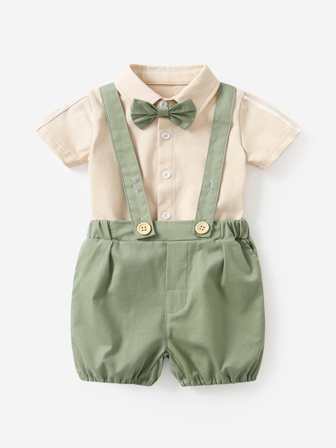 Green Shirt Collar Short Sleeves Pure Cotton Top & Shorts Set