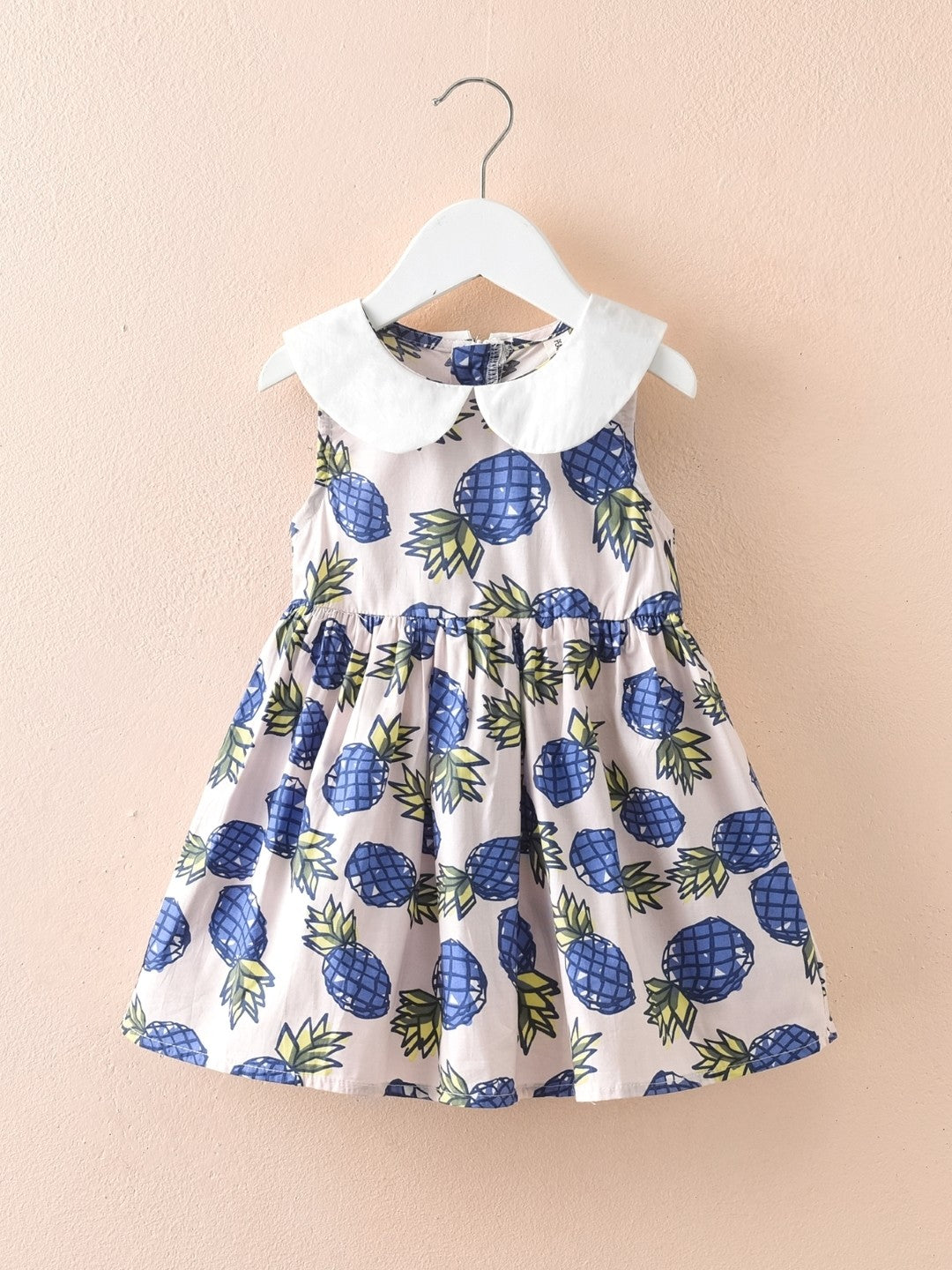 Blue Round Neck Floral Sleeveless A-Line Cotton Dress