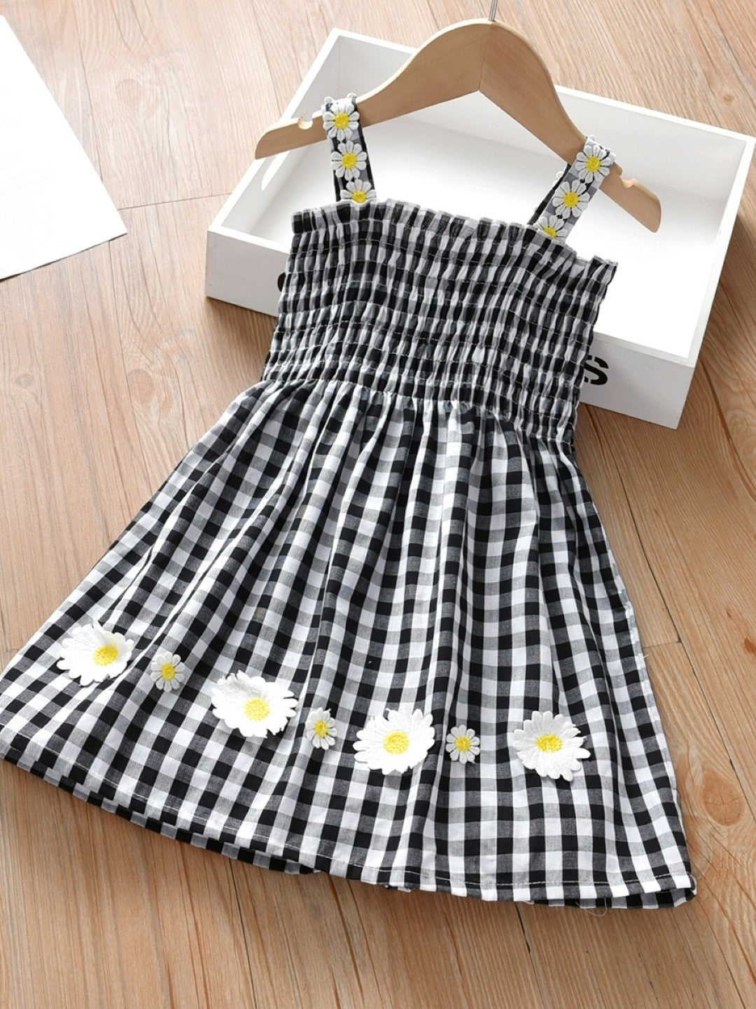 Black Round Neck Checked Sleeveless A-Line Cotton Dress