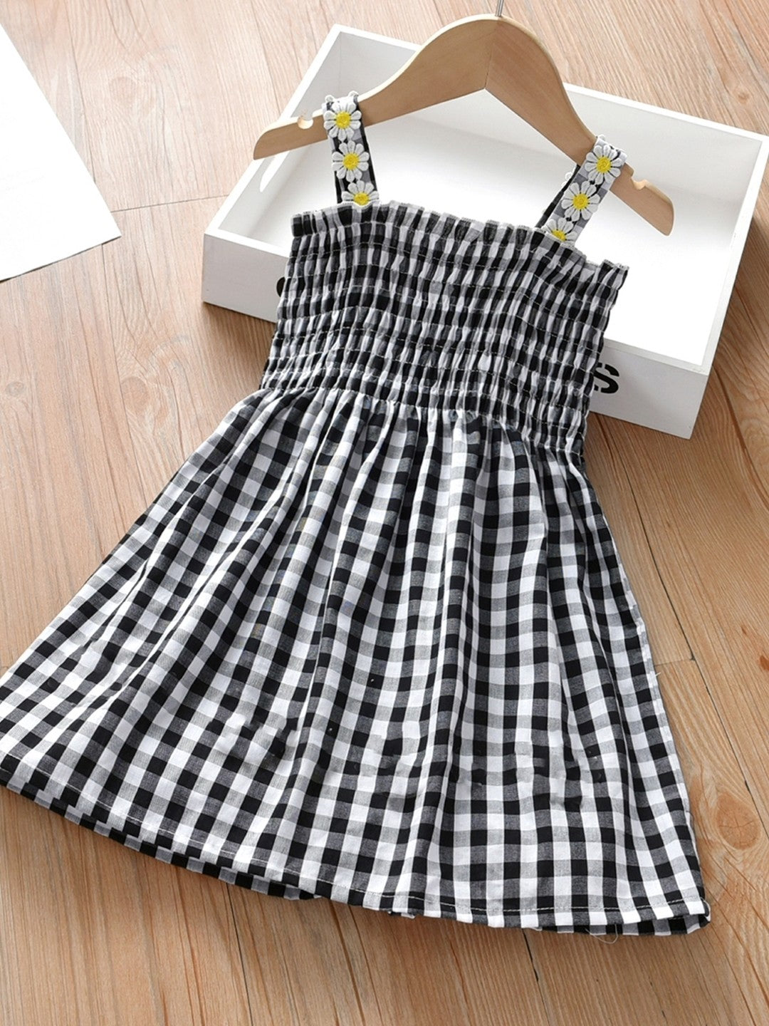 Black Round Neck Checked Sleeveless A-Line Cotton Dress