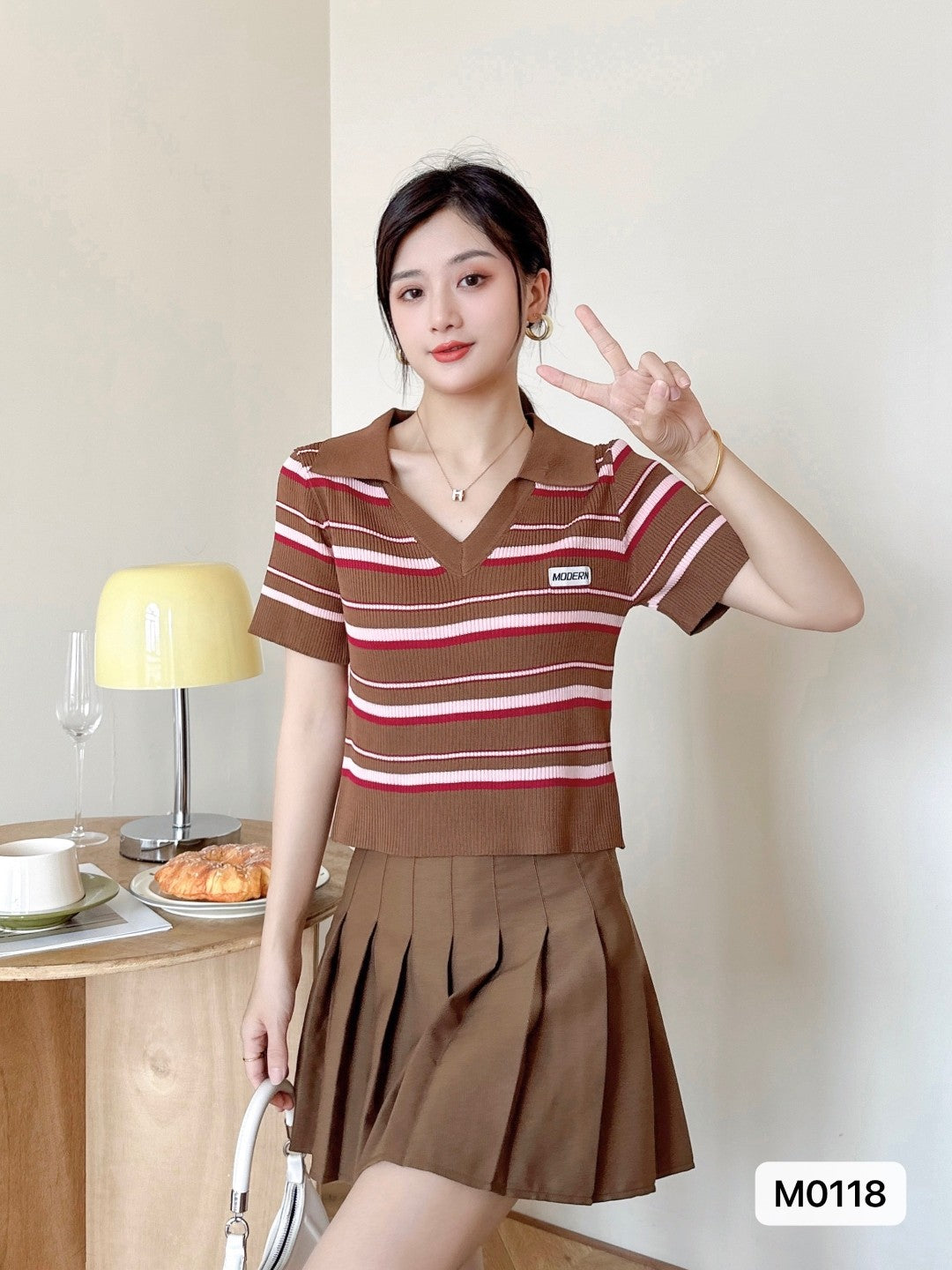 Brown Shirt Collar Short Sleeves Horizontal Stripes Regular Sleeves Viscose Rayon Top