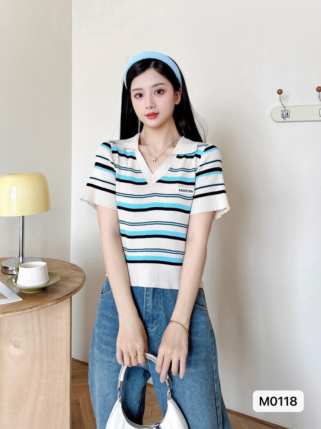 White Shirt Collar Short Sleeves Horizontal Stripes Regular Sleeves Viscose Rayon Top