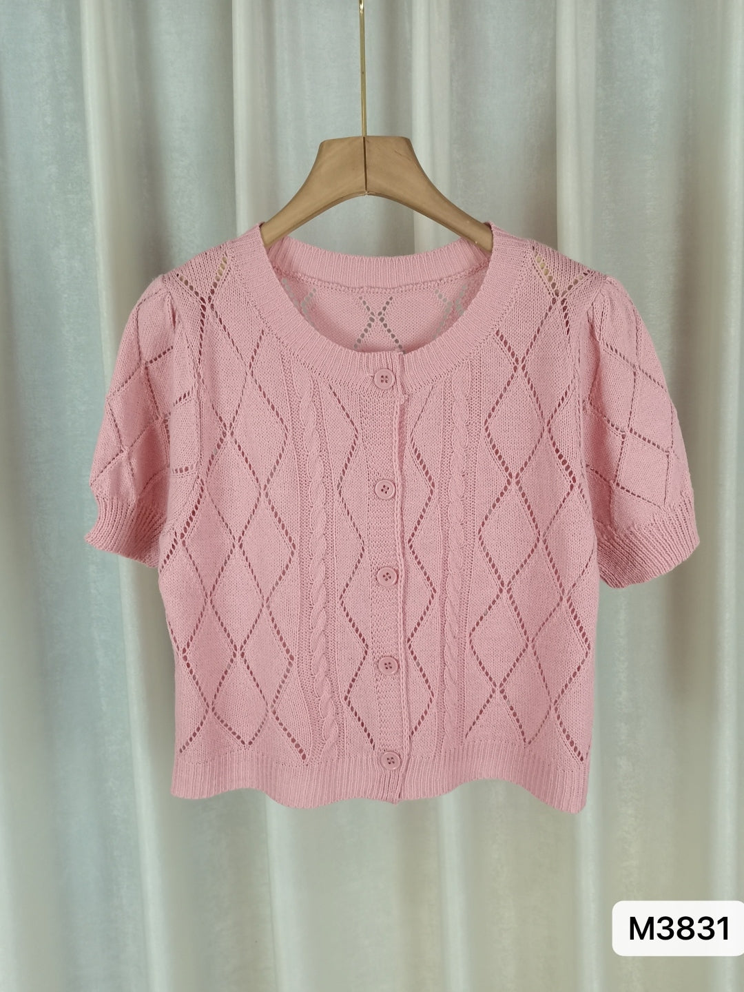 Pink Round Neck Short Sleeves Solid Regular Sleeves Acrylic Top