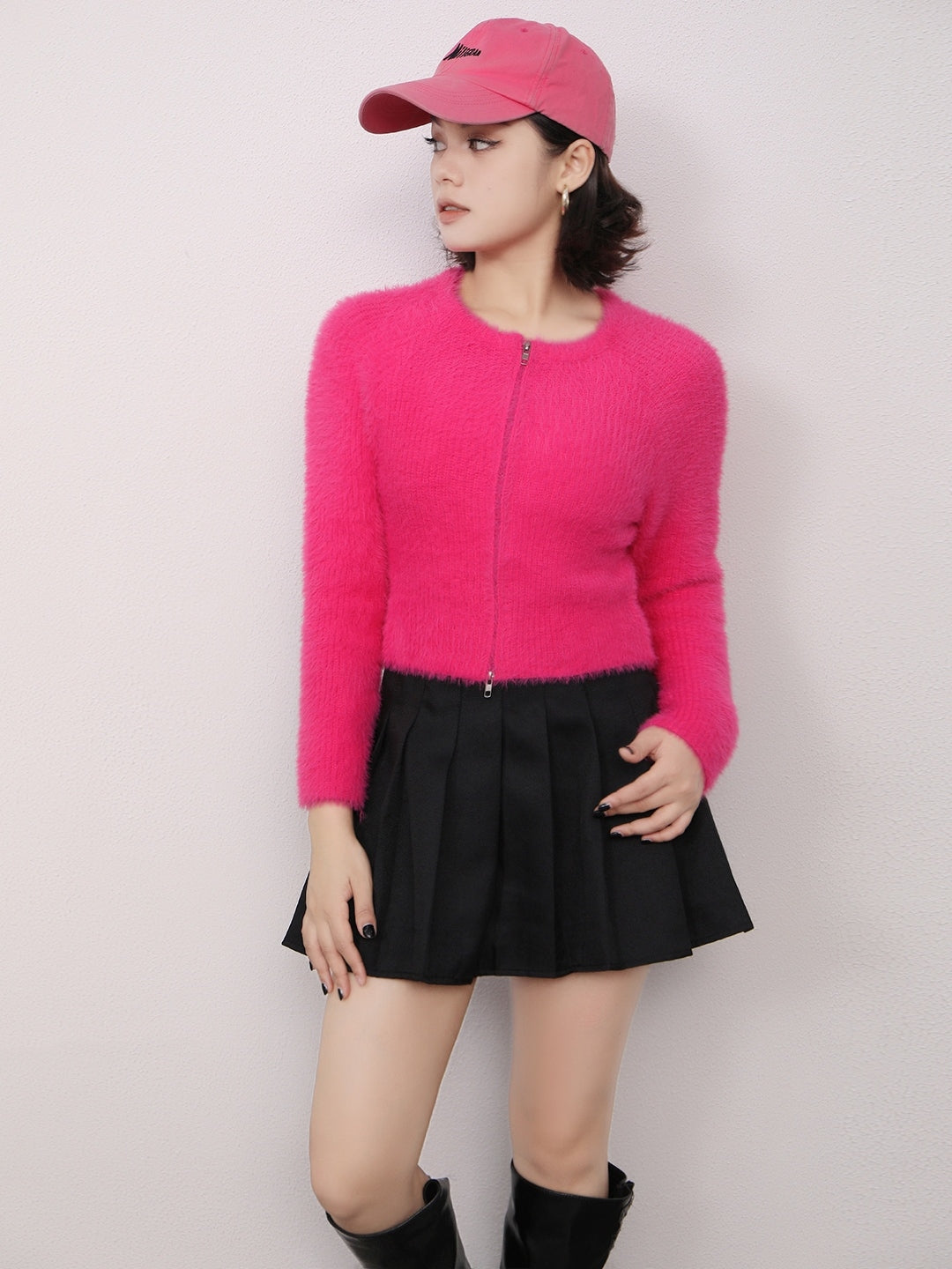 Dark Pink Round Neck Long Sleeves Solid Regular Sleeves Nylon Top