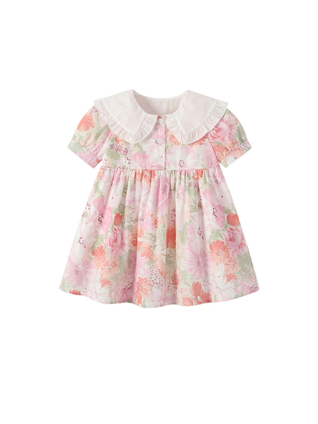 Pink Round Neck Casual A-Line Floral Short Sleeves Knee Length Cotton Dress