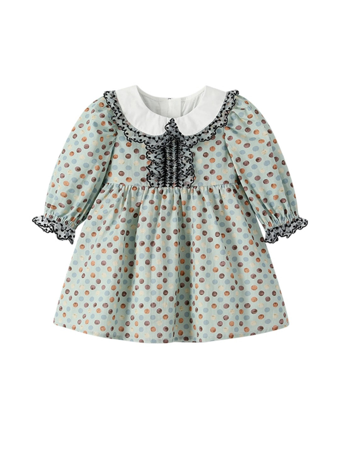 Green Round Neck Casual A-Line Polka Dots Long Sleeves Knee Length Cotton Dress