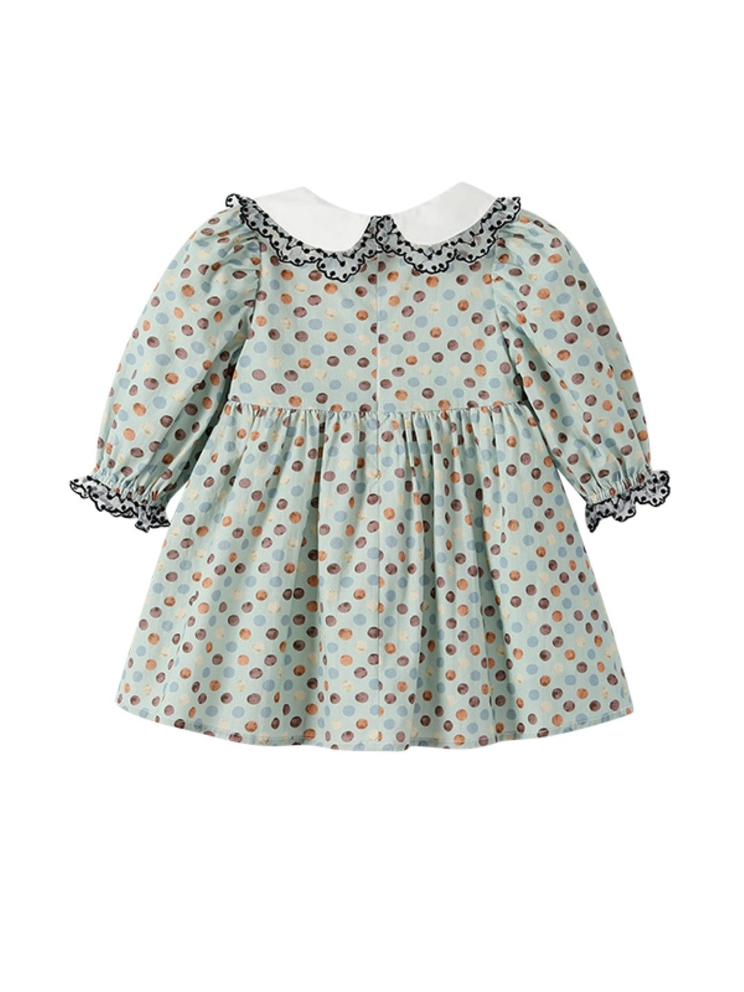 Green Round Neck Casual A-Line Polka Dots Long Sleeves Knee Length Cotton Dress