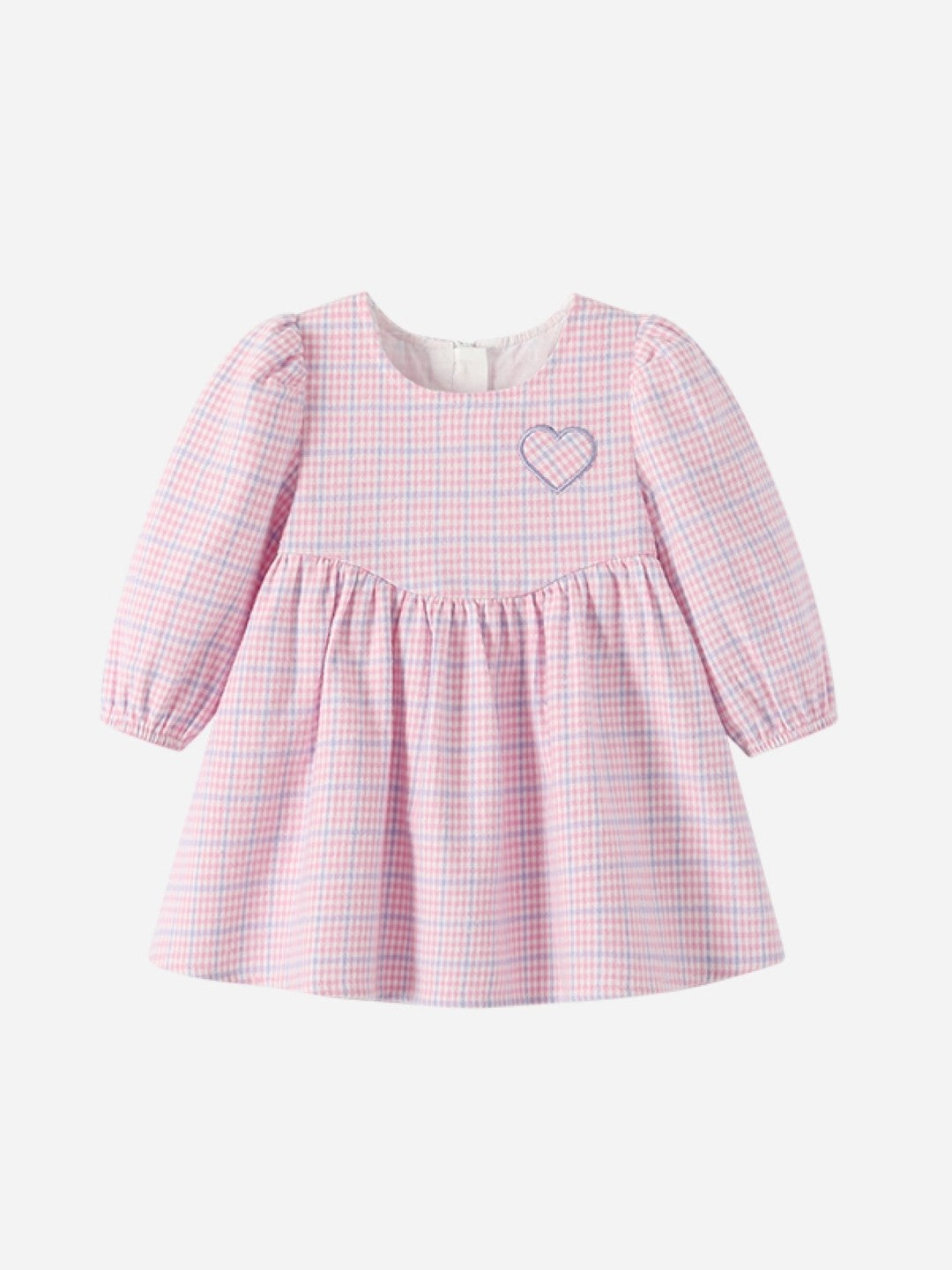 Pink Round Neck Casual A-Line Checked Long Sleeves Knee Length Cotton Dress