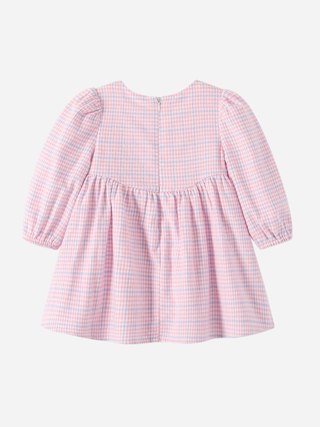 Pink Round Neck Casual A-Line Checked Long Sleeves Knee Length Cotton Dress