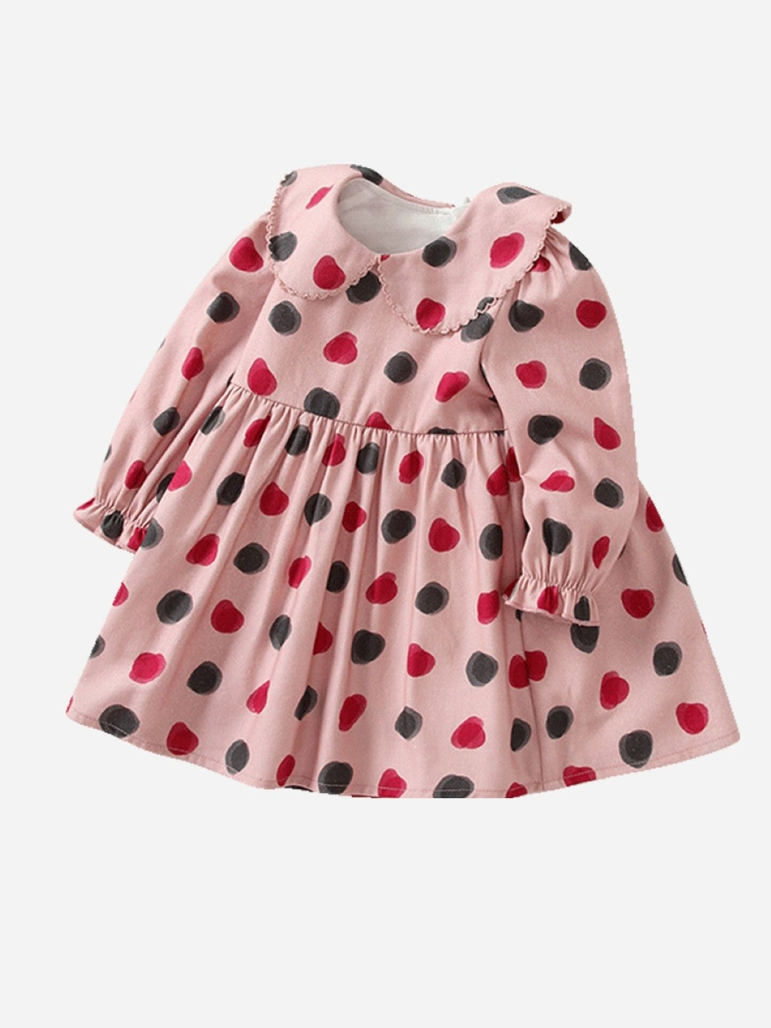 Pink Round Neck Casual A-Line Polka Dots Long Sleeves Knee Length Cotton Dress