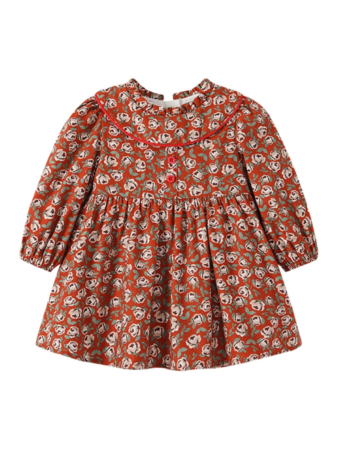 Red Round Neck Casual A-Line Floral Long Sleeves Knee Length Cotton Dress