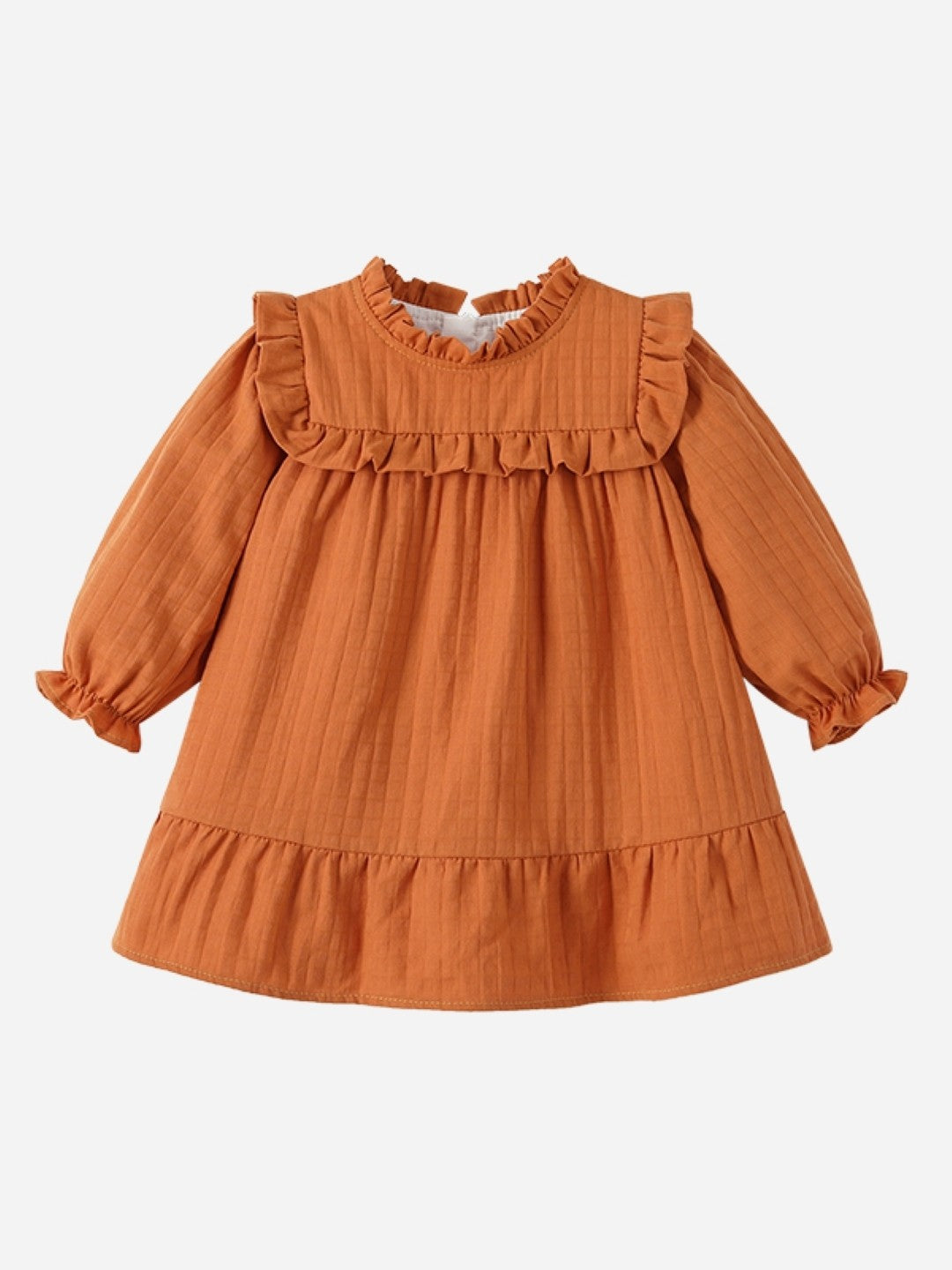 Orange Round Neck Casual A-Line Solid Long Sleeves Knee Length Cotton Dress