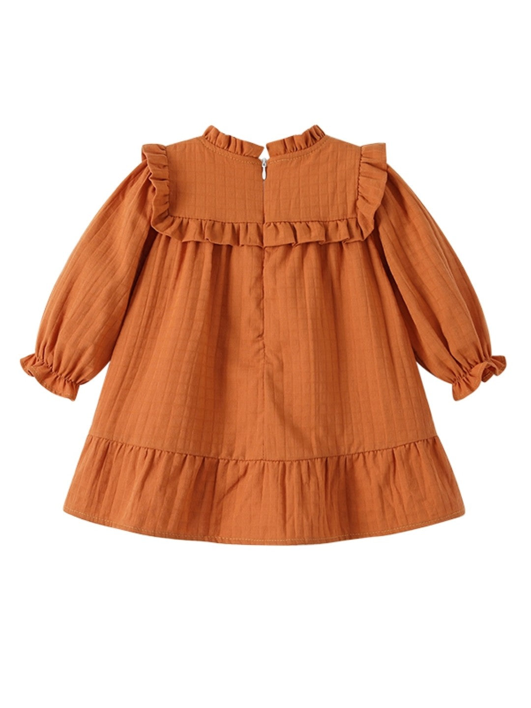 Orange Round Neck Casual A-Line Solid Long Sleeves Knee Length Cotton Dress