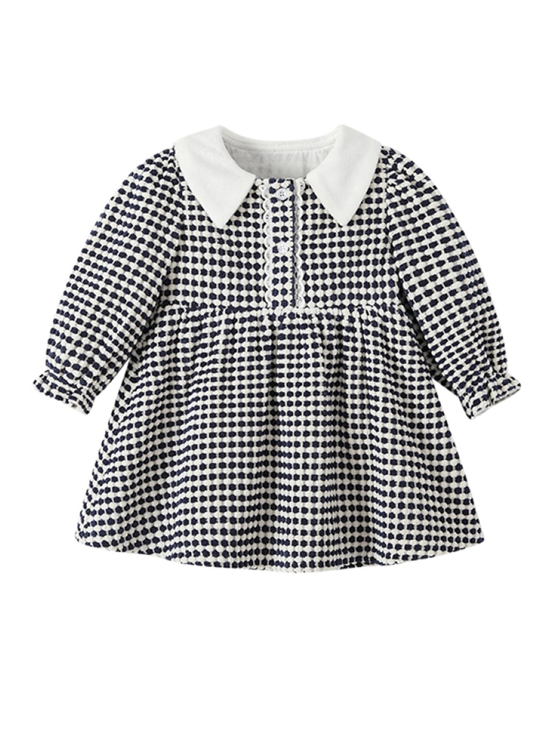 Black Round Neck Casual A-Line Checked Long Sleeves Knee Length Polyester Dress