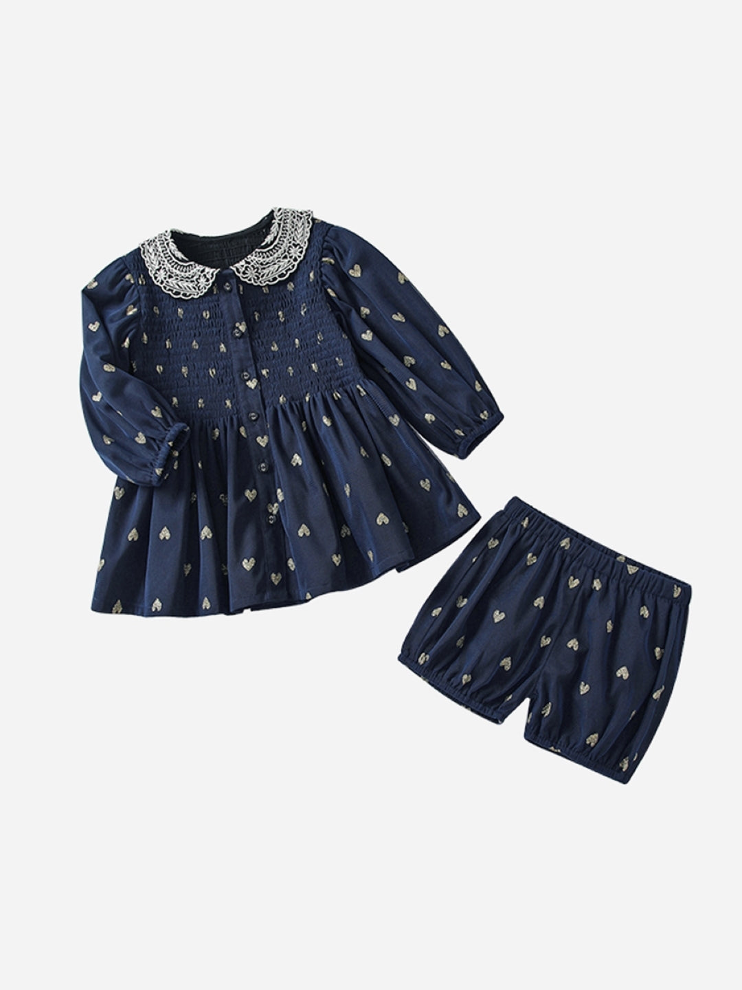 Navy Blue Round Neck Long Sleeves Polyester Top & Shorts Set