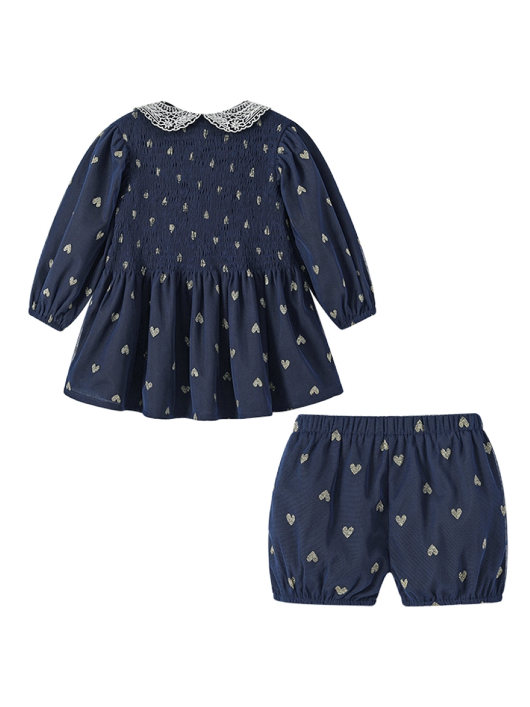 Navy Blue Round Neck Long Sleeves Polyester Top & Shorts Set