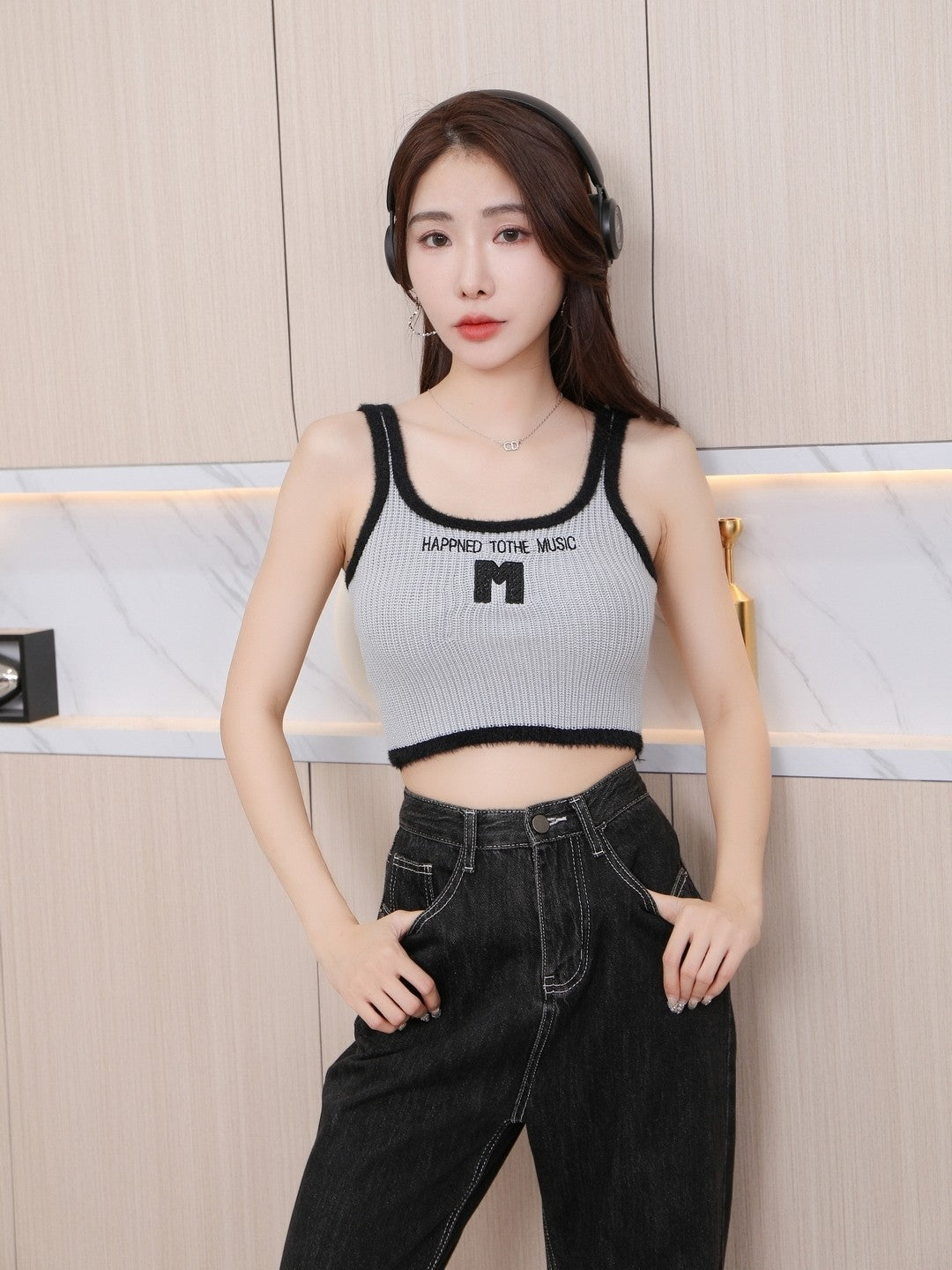 Grey Round Neck Sleeveless Typography No Sleeves Nylon Top