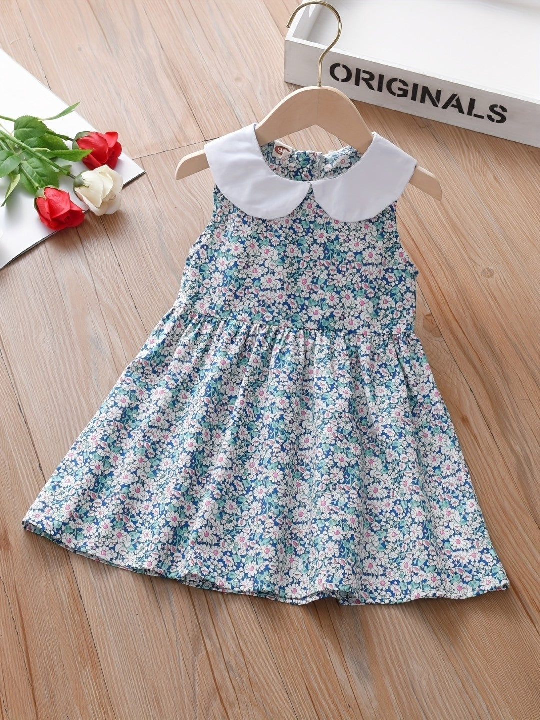 Blue Round Neck Floral Sleeveless A-Line Cotton Dress