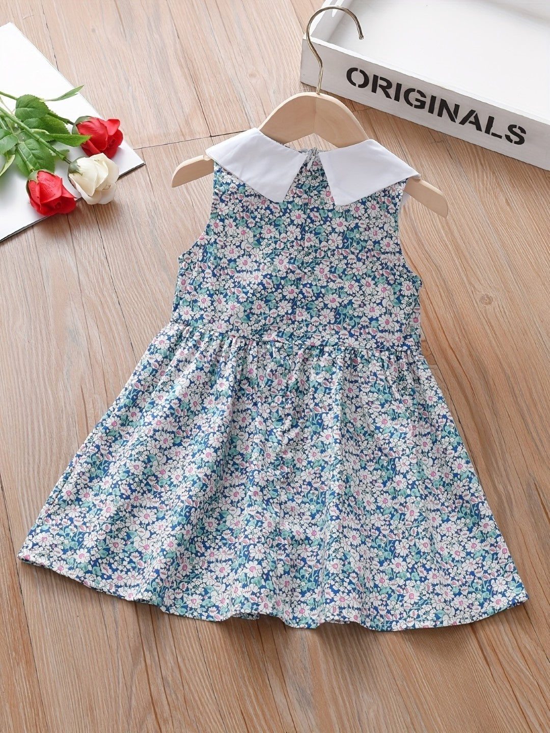 Blue Round Neck Floral Sleeveless A-Line Cotton Dress