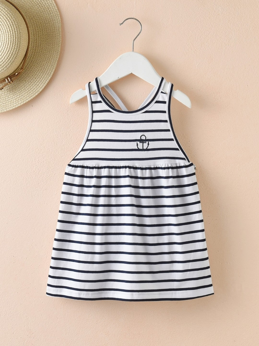 Black Round Neck Striped Sleeveless A-Line Cotton Dress