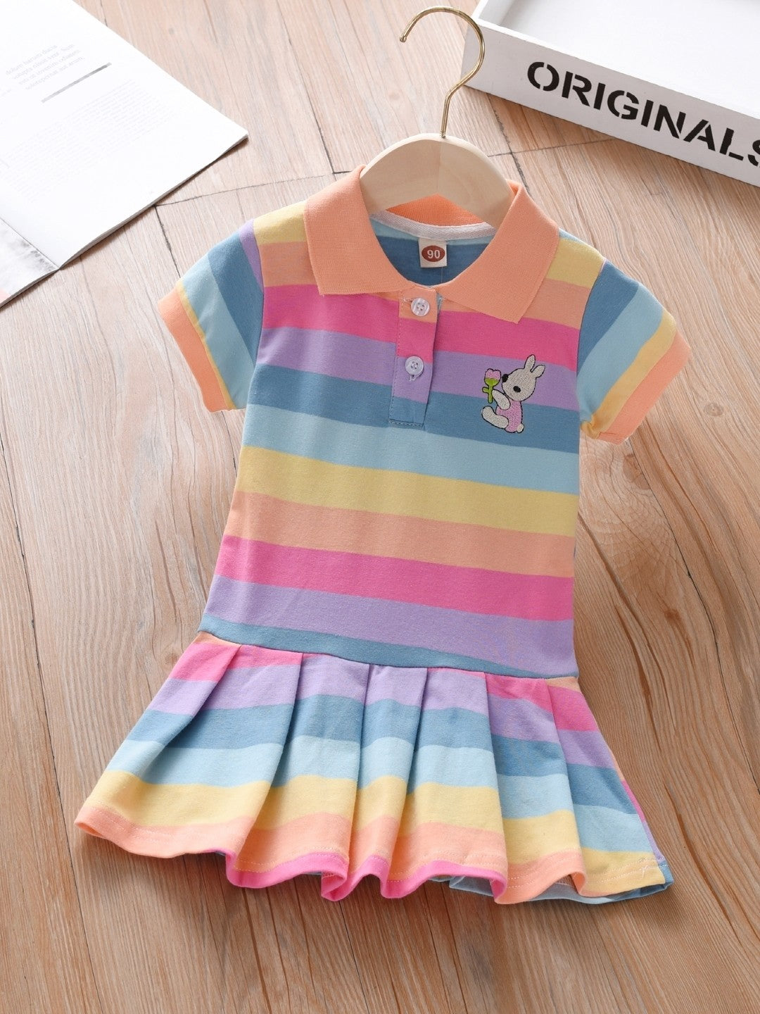 Blue Shirt Collar Striped Short Sleeves A-Line Flared Cotton Dress