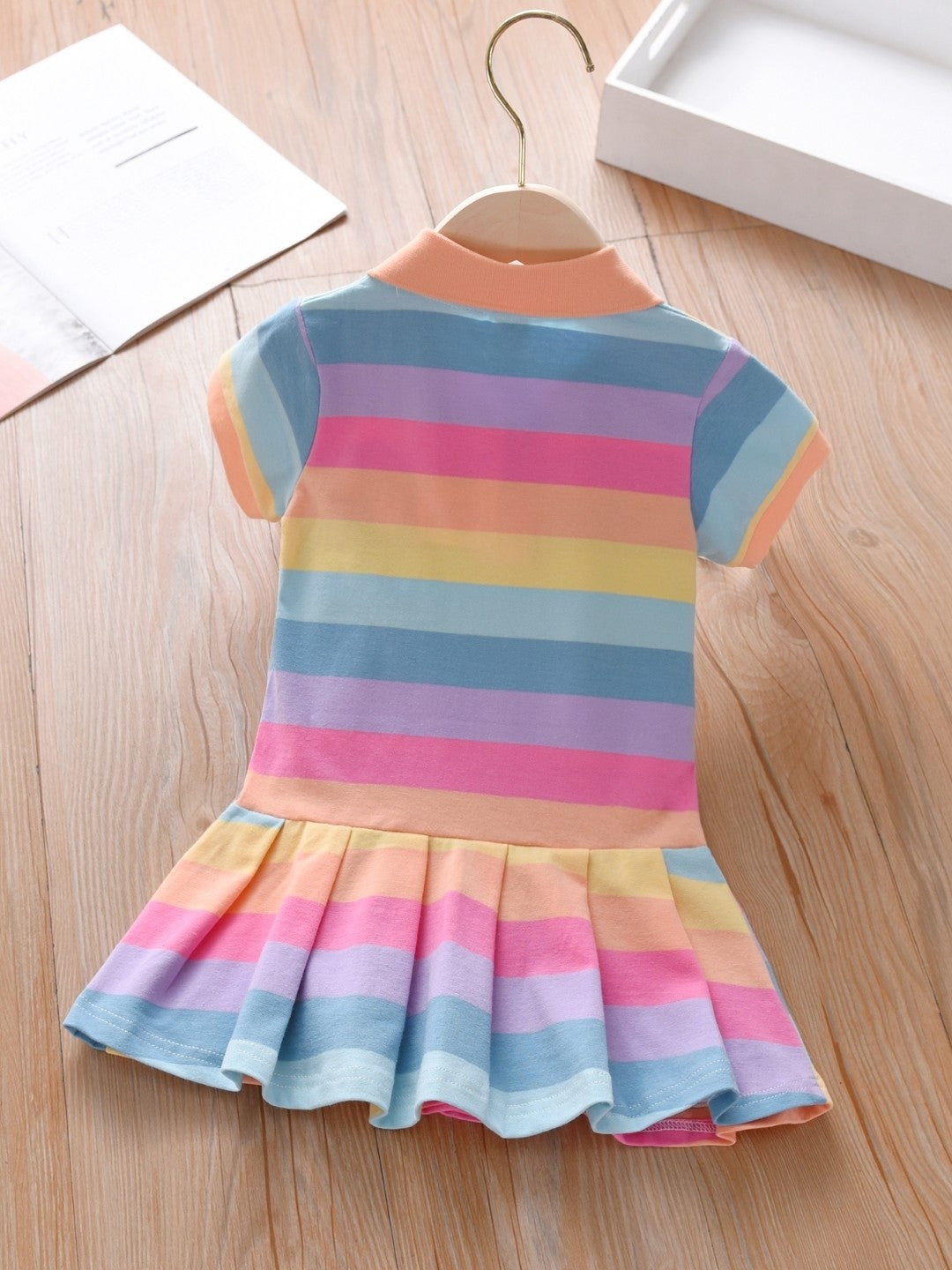 Blue Shirt Collar Striped Short Sleeves A-Line Flared Cotton Dress