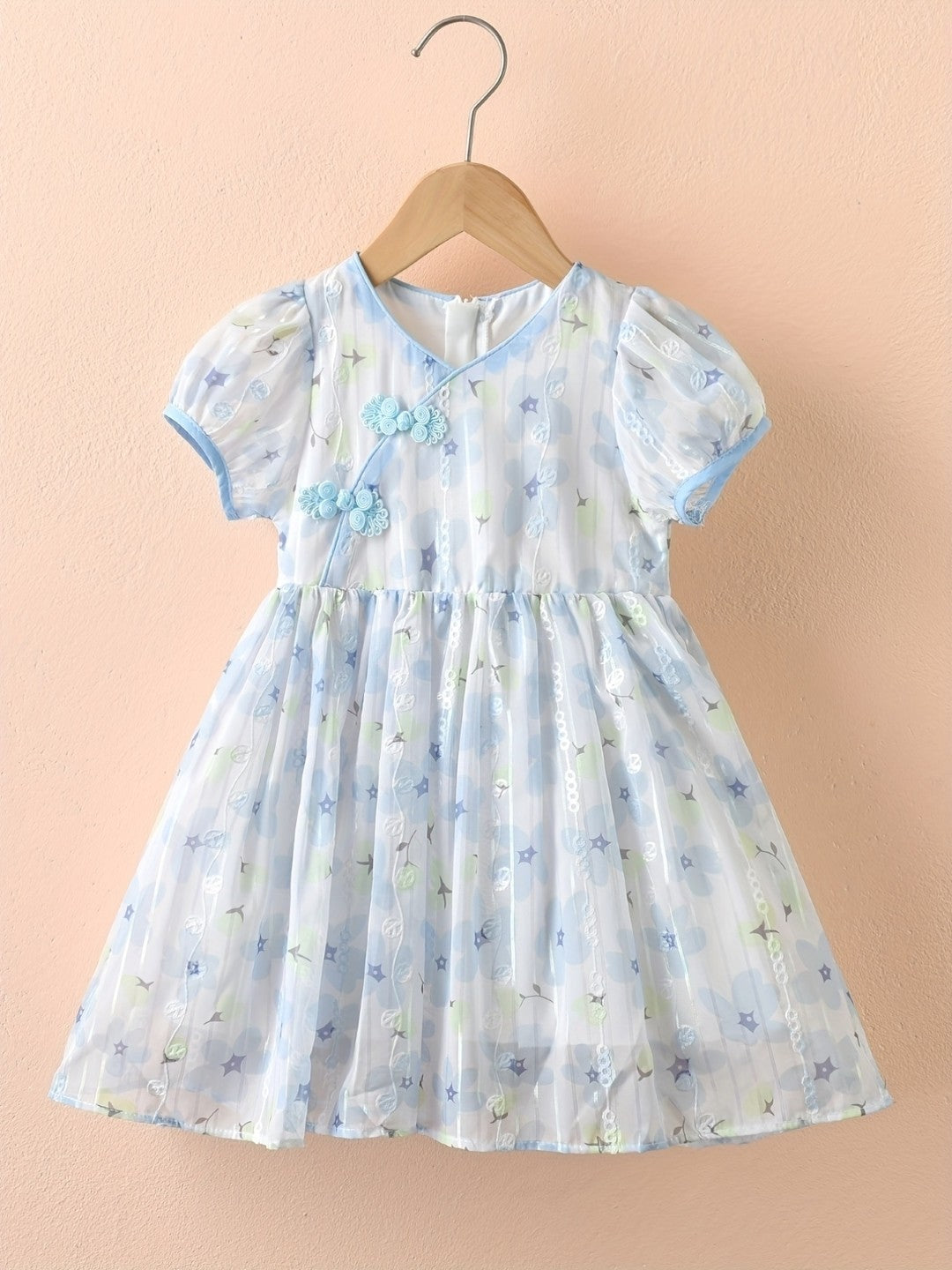 Blue V-Neck Floral Short Sleeves A-Line Cotton Dress