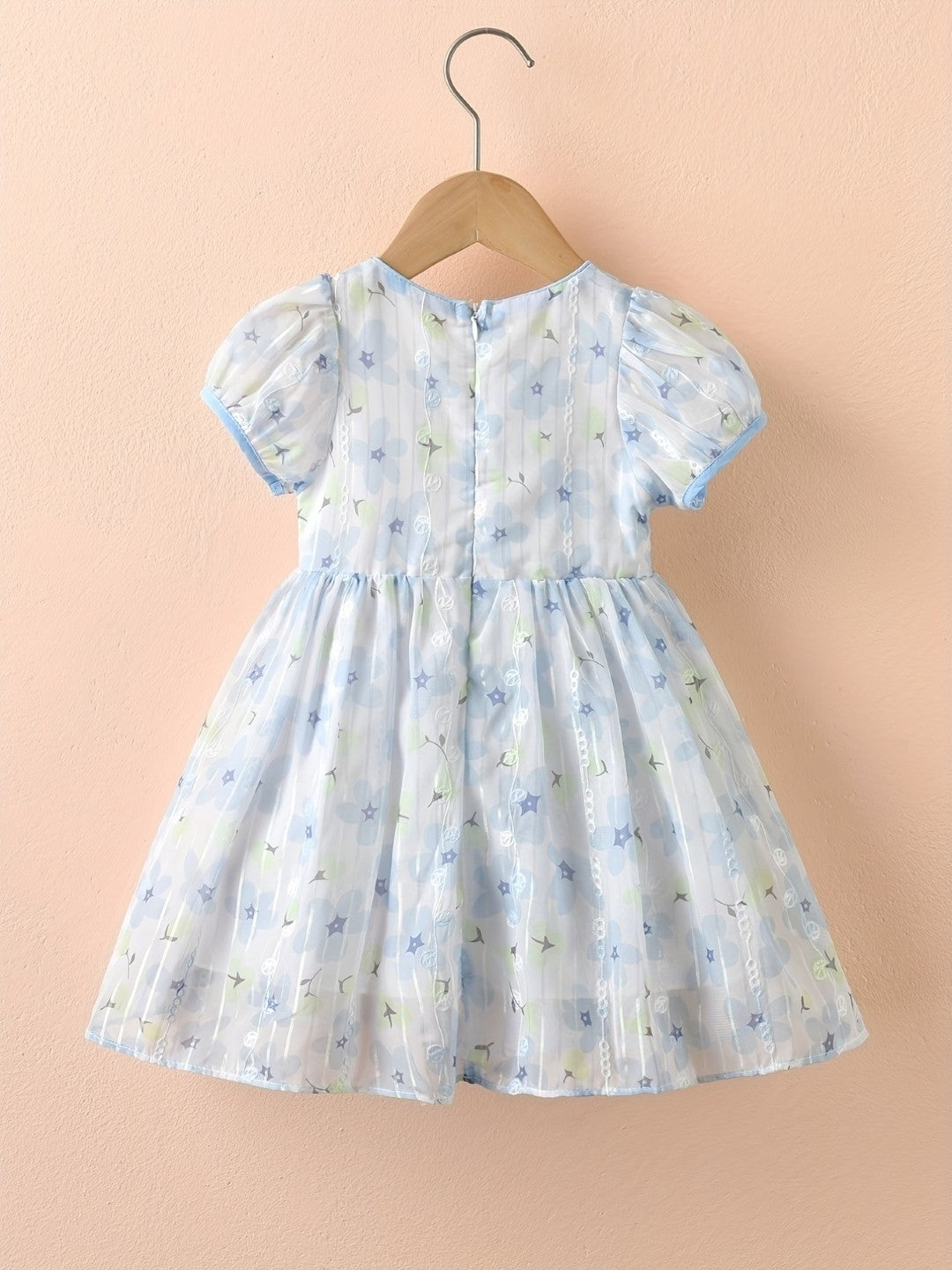 Blue V-Neck Floral Short Sleeves A-Line Cotton Dress