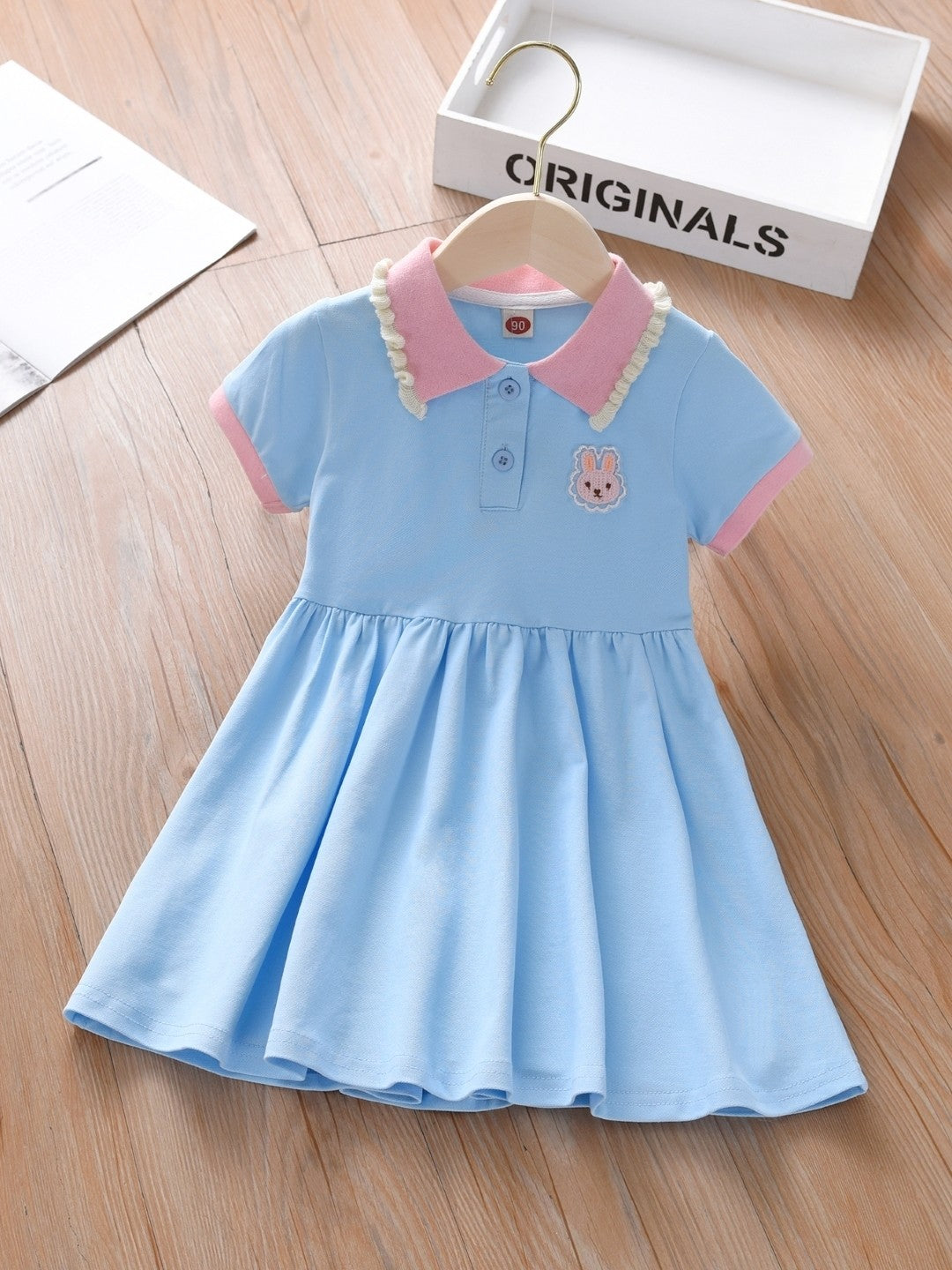 Blue Shirt Collar Solid Short Sleeves A-Line Cotton Dress