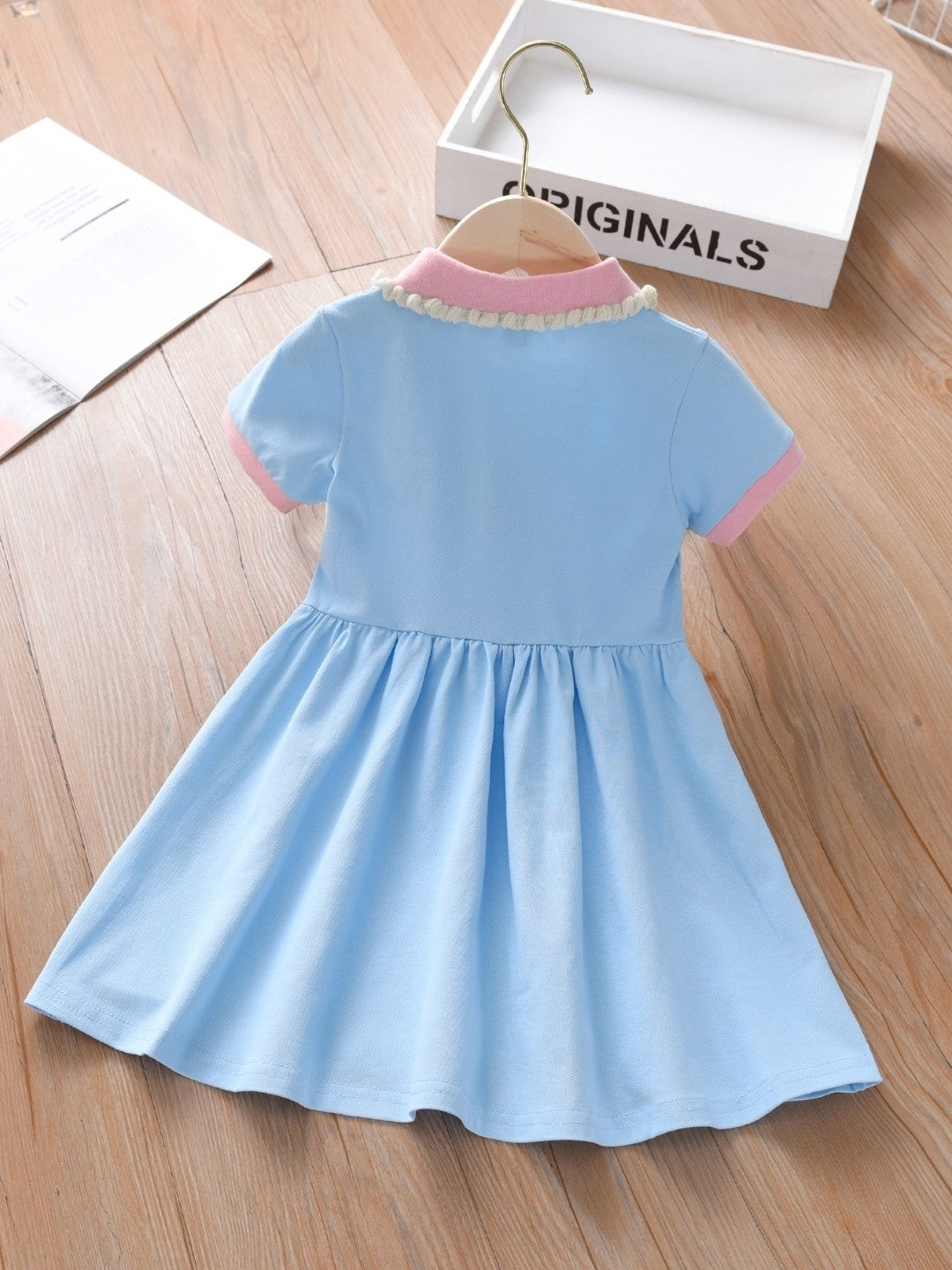 Blue Shirt Collar Solid Short Sleeves A-Line Cotton Dress