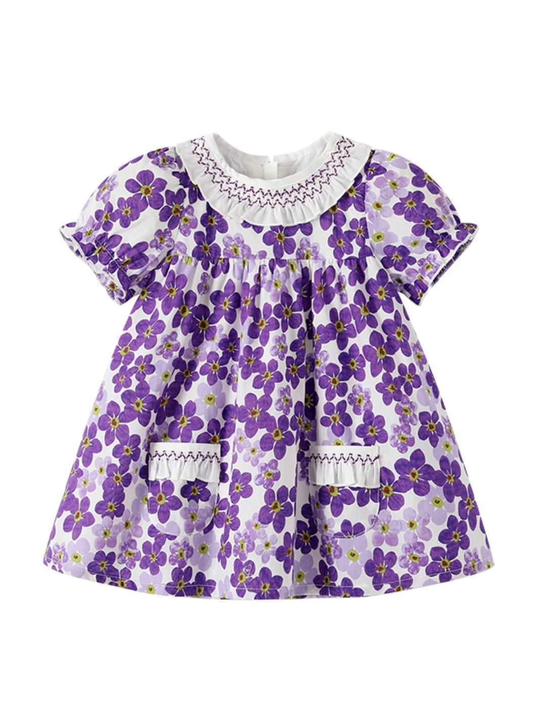 Purple Round Neck Casual A-Line Floral Short Sleeves Knee Length Cotton Dress