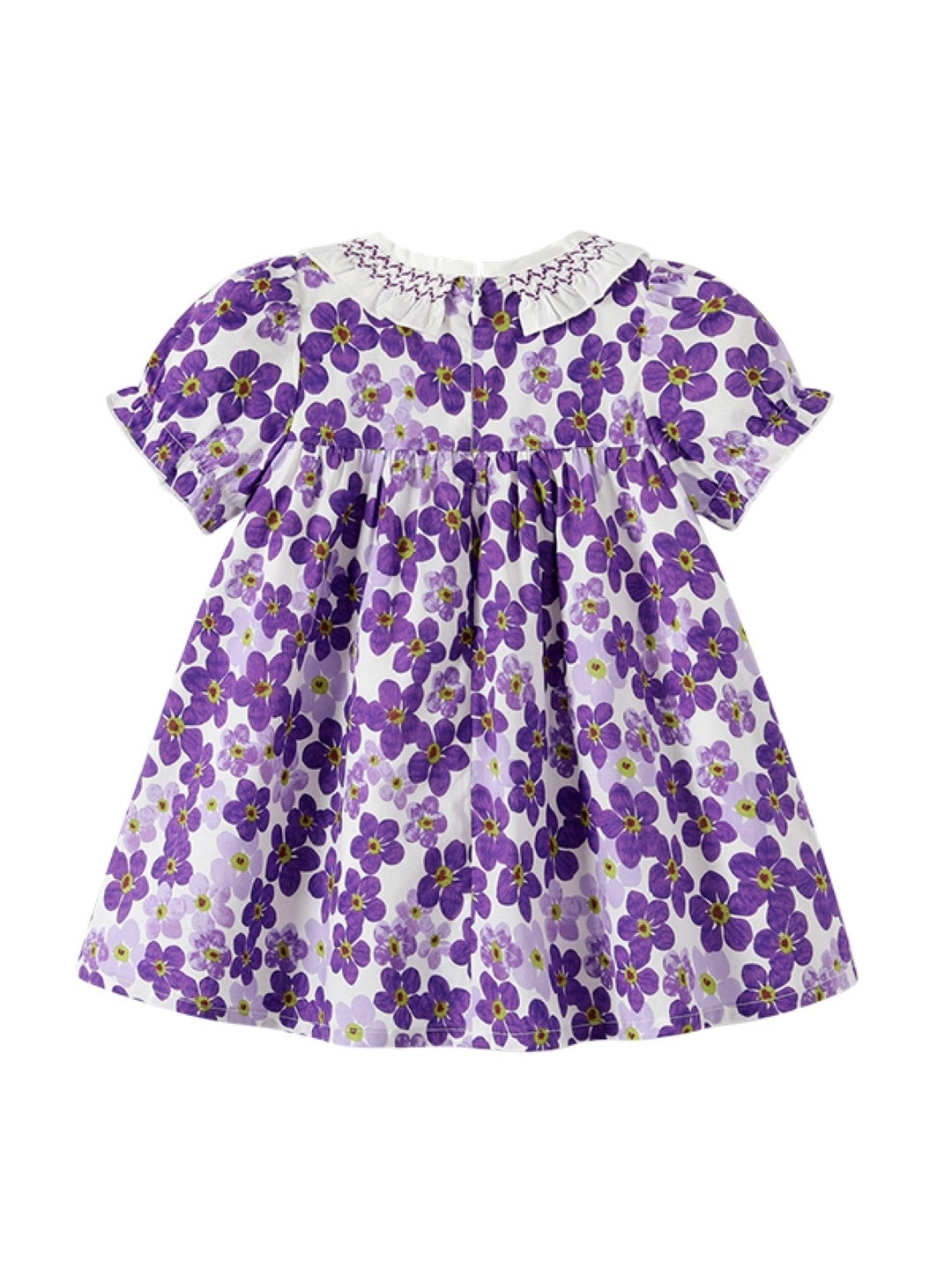 Purple Round Neck Casual A-Line Floral Short Sleeves Knee Length Cotton Dress