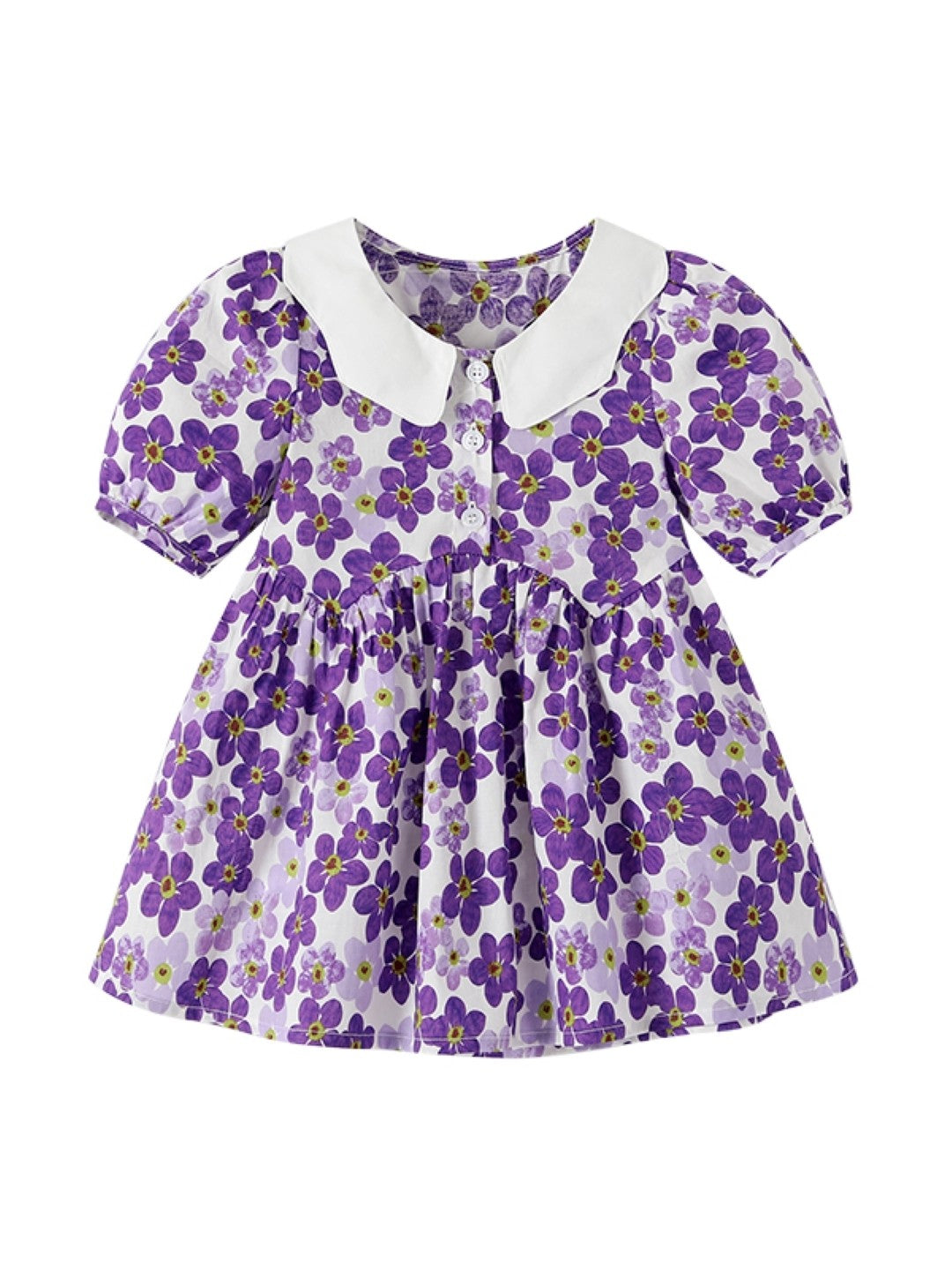 Purple Round Neck Casual A-Line Floral Short Sleeves Knee Length Cotton Dress