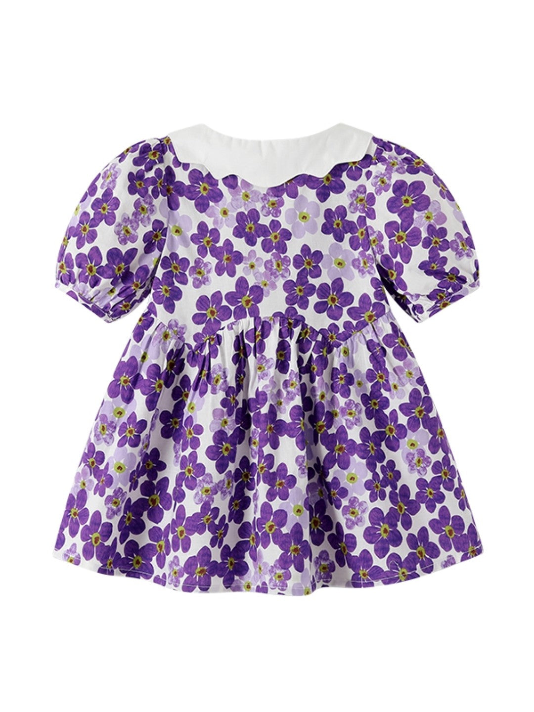 Purple Round Neck Casual A-Line Floral Short Sleeves Knee Length Cotton Dress