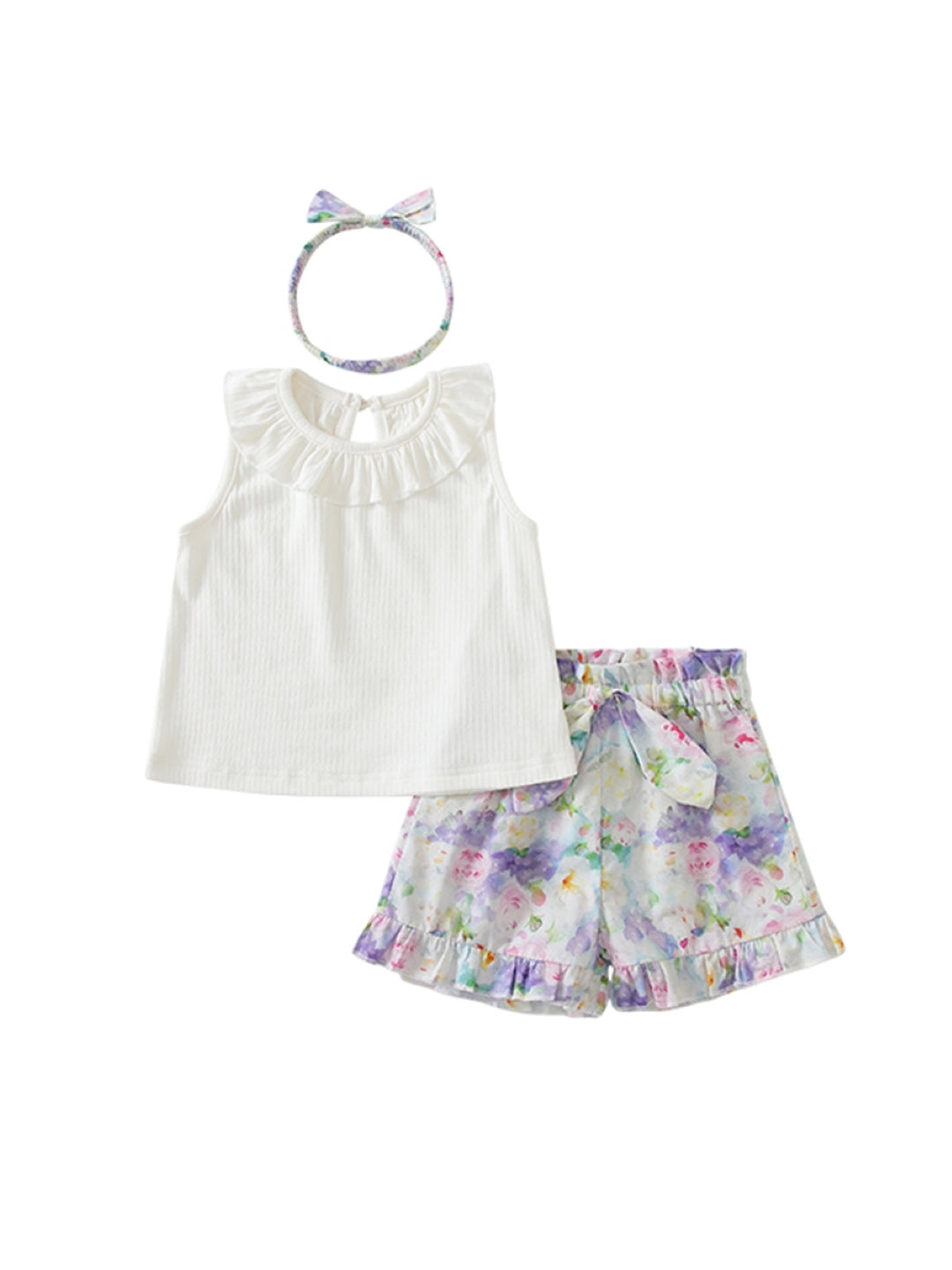 White Round Neck Sleeveless Pure Cotton Top & Shorts Set