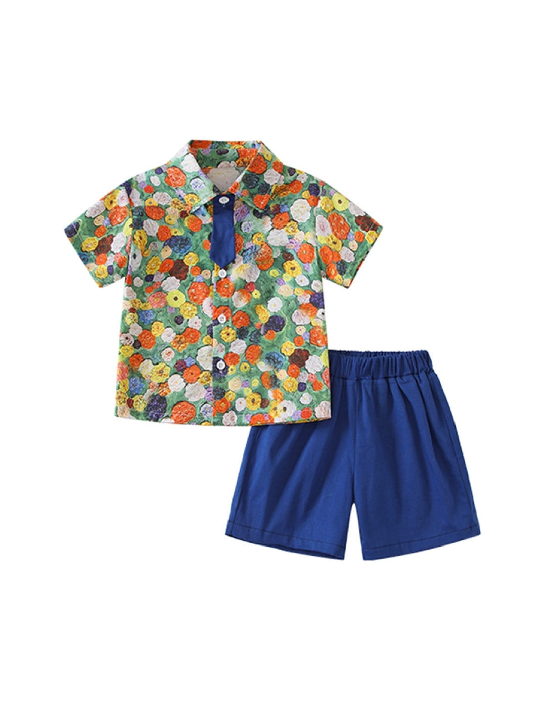 Multi Shirt Collar Short Sleeves Pure Cotton Top & Shorts Set